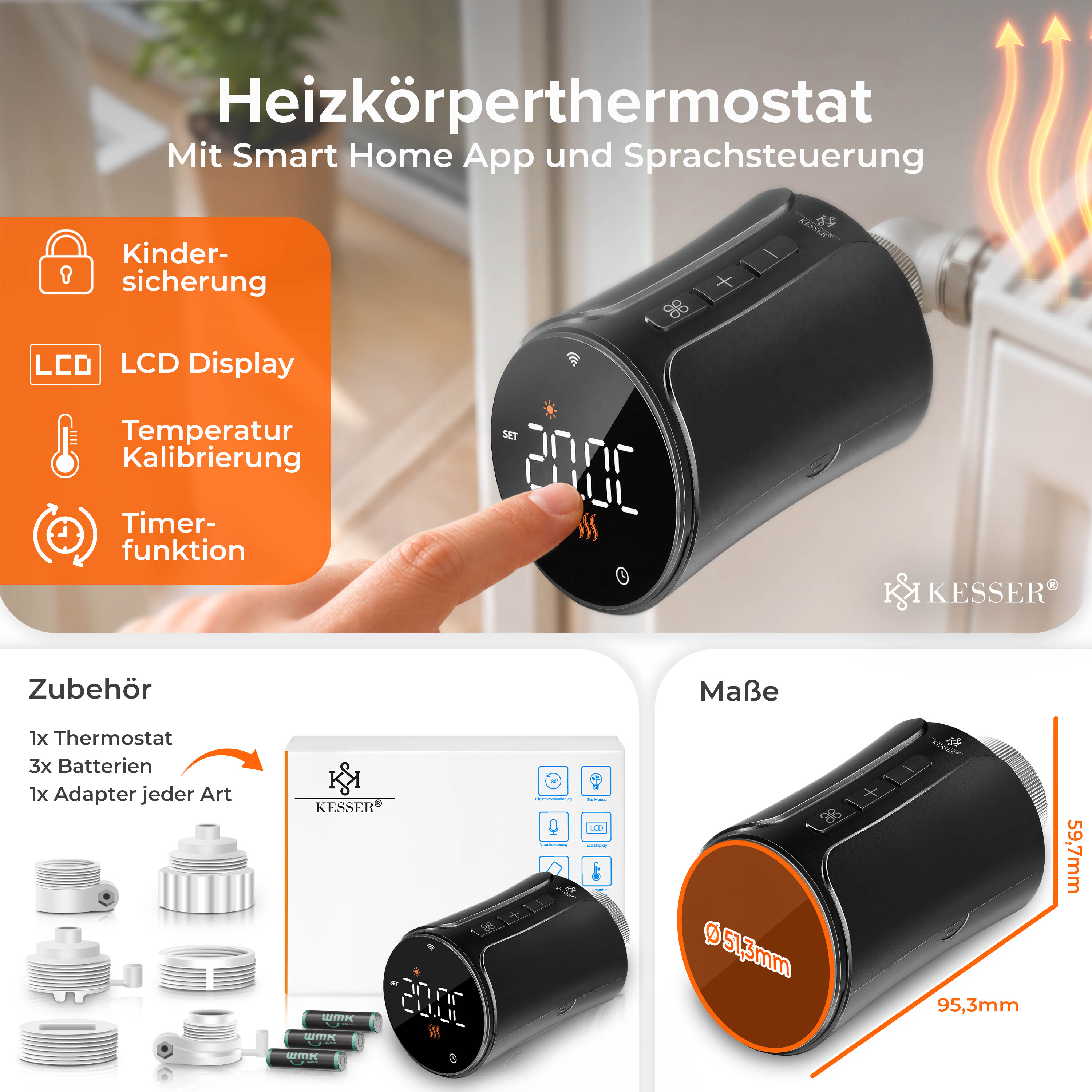 Schwarzes Kesser Heizkörperthermostat mit Display, Zubehör und Maßen auf Werbebild.