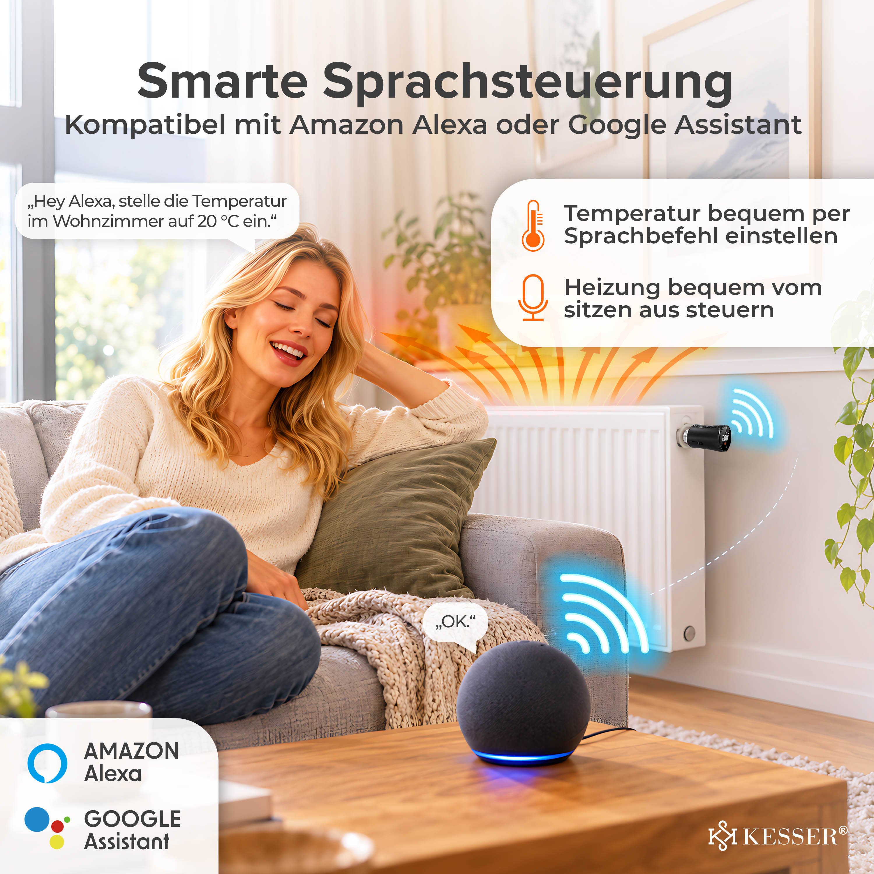 Eine Frau sitzt auf einem Sofa und steuert die Heizung per Sprachbefehl über einen smarten Lautsprecher.