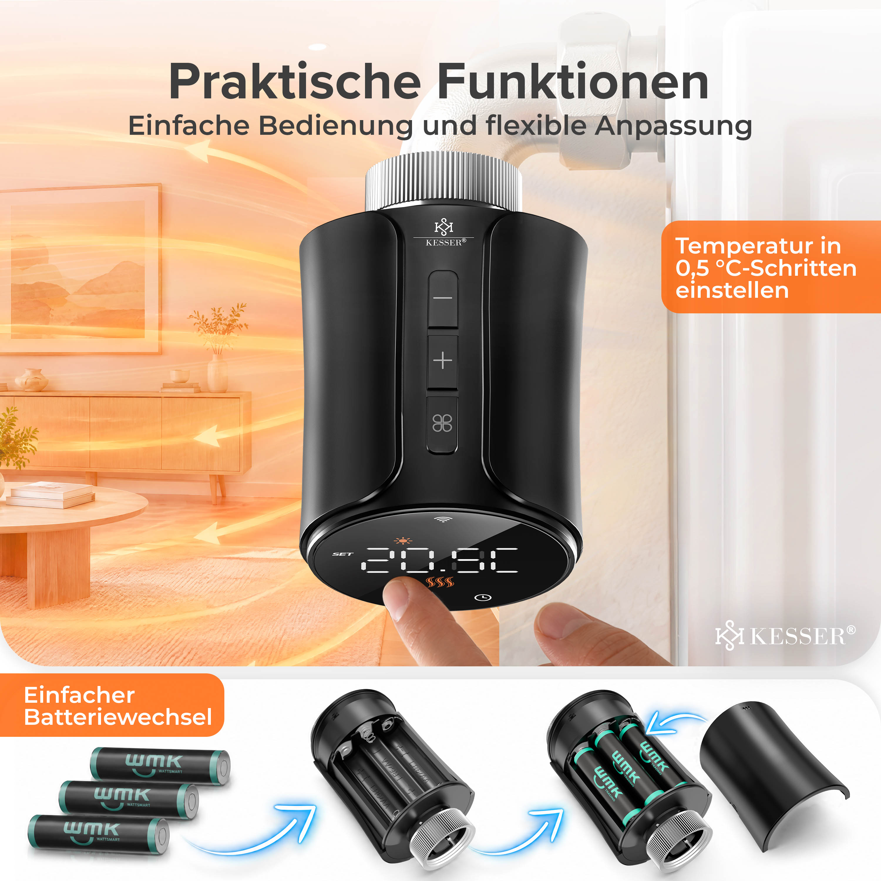 Schwarzes Kesser-Heizkörperthermostat mit Digitalanzeige und Tasten, installiert an einem Heizkörper.