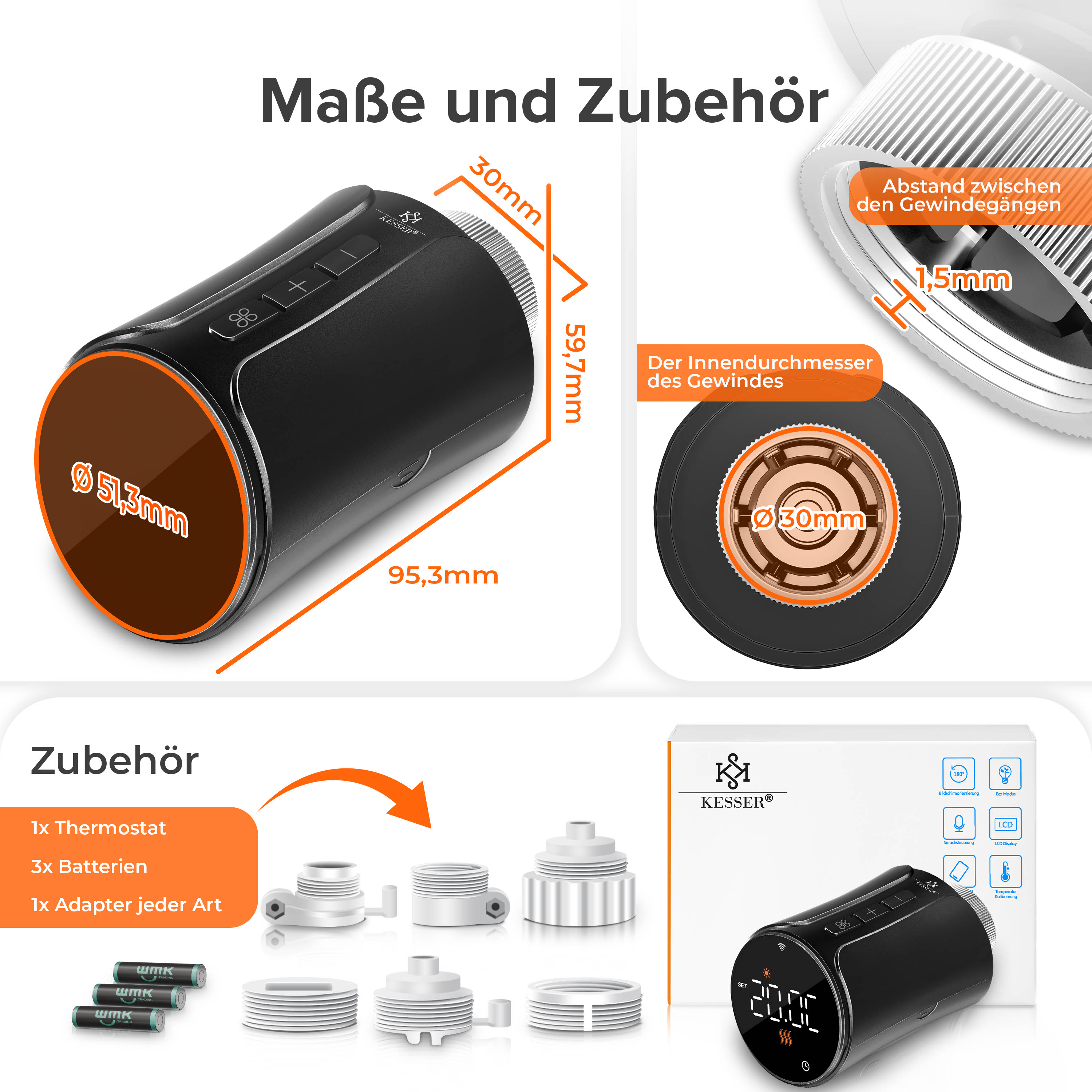 Diagramm zeigt Abmessungen, Gewindegrößen und Zubehör des schwarzen Kesser Thermostats.