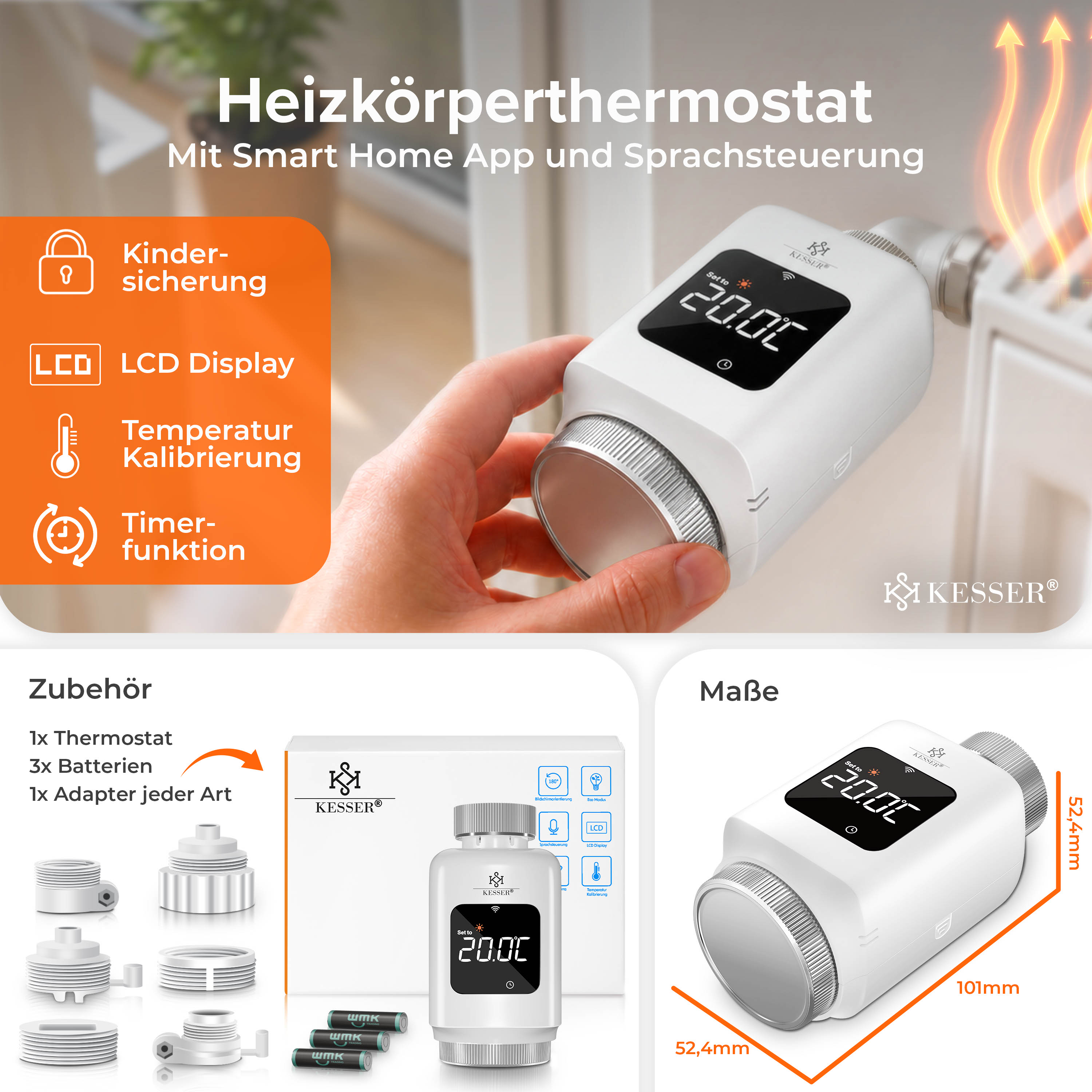 Smartes Heizkörperthermostat mit Display, App-Steuerung, Zubehör und Maßen.