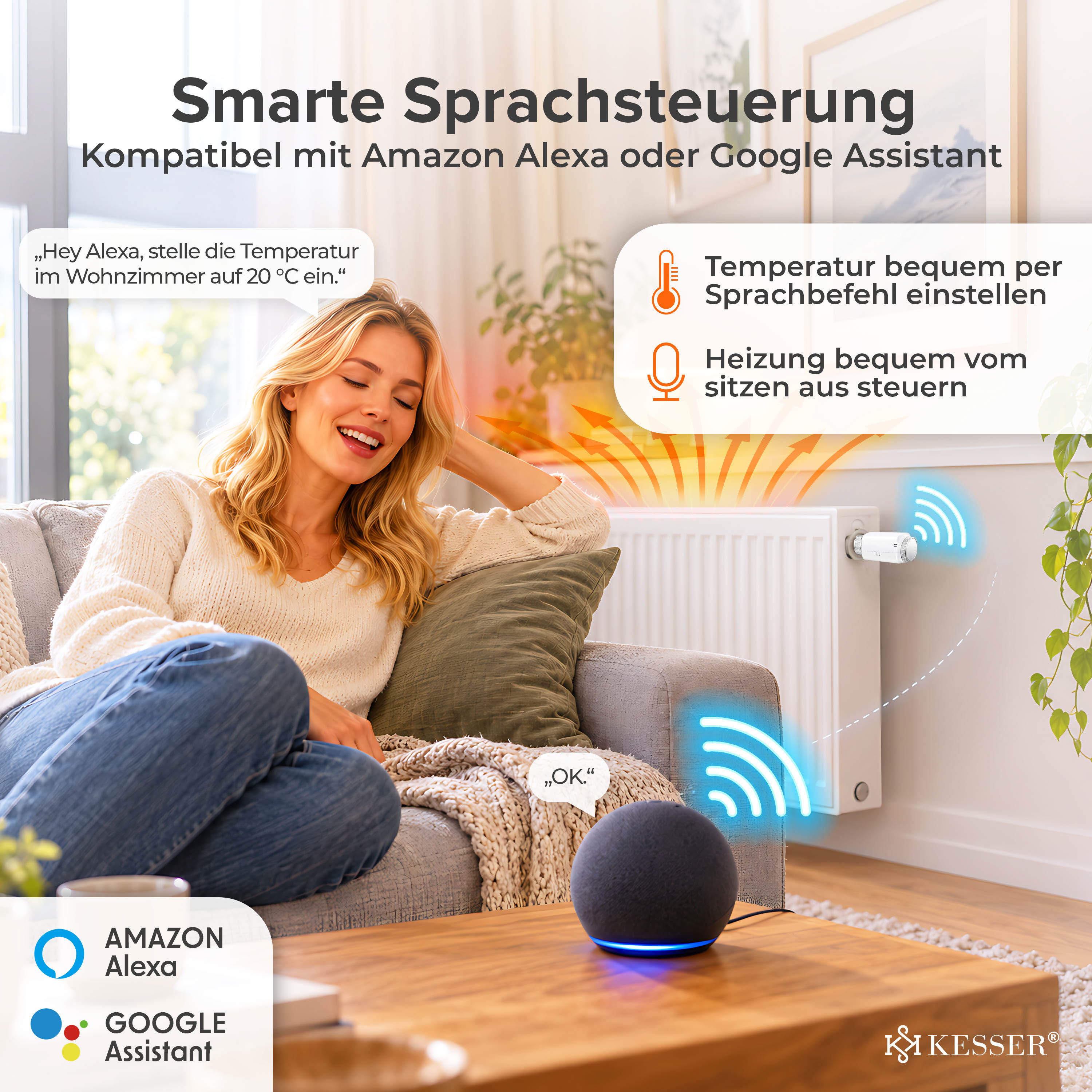 Eine Frau entspannt auf einem Sofa und steuert per Sprachbefehl über einen Assistenten den Heizkörper.