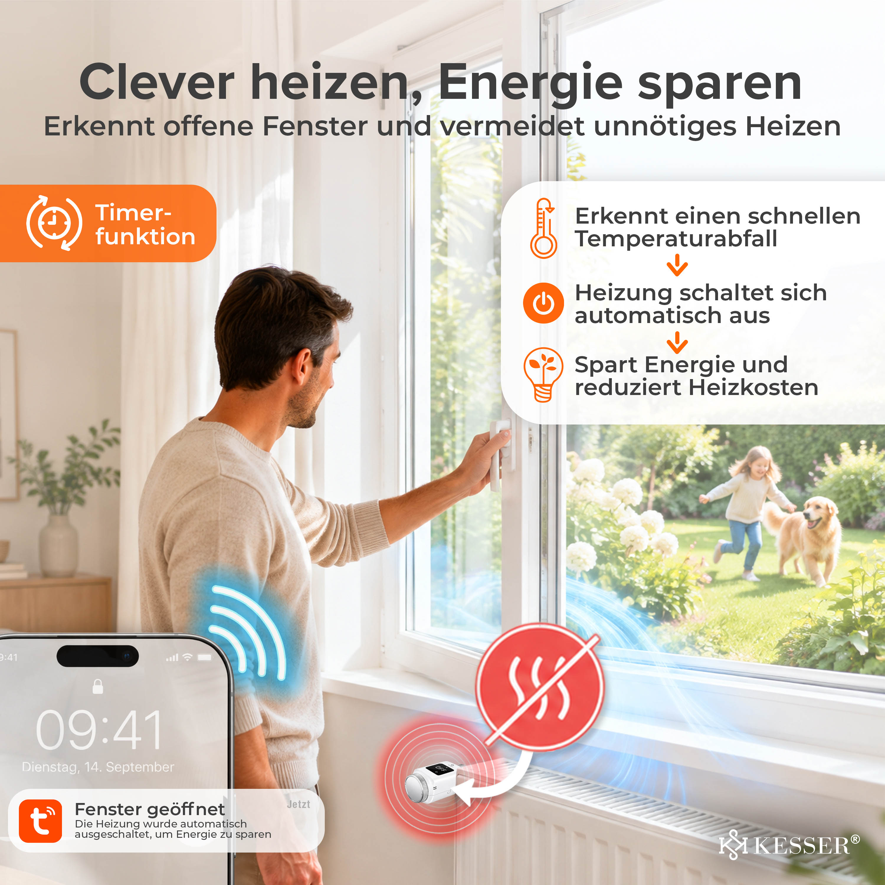 Ein Mann schließt ein Fenster, während ein Thermostat die Heizung ausschaltet.