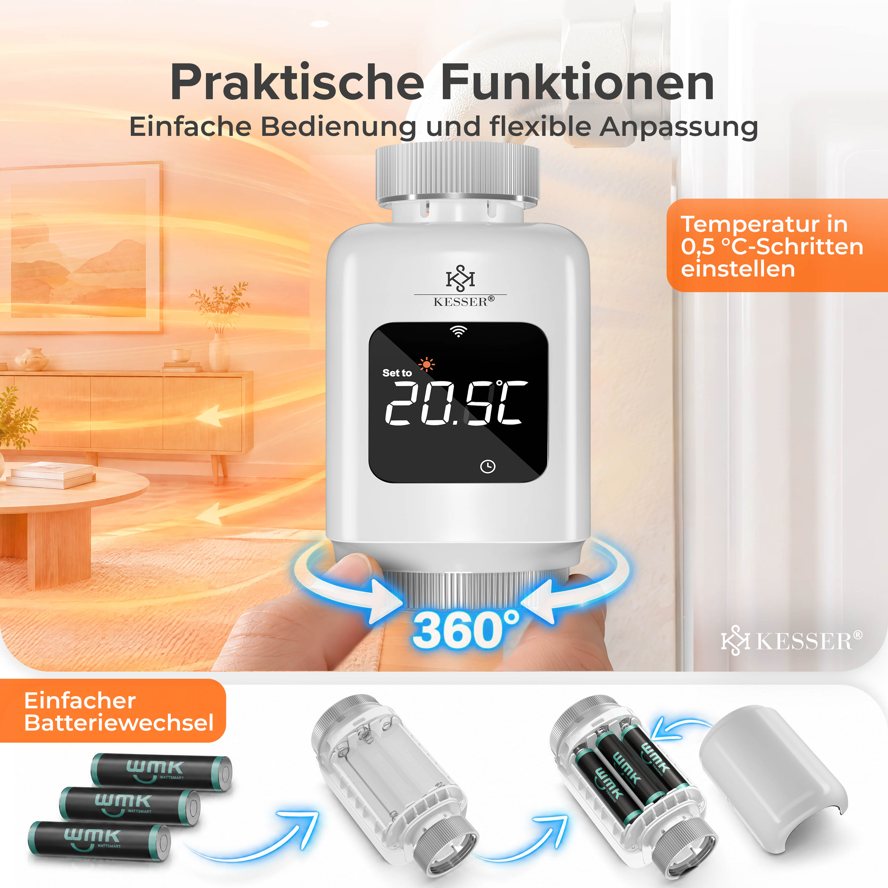 Weißes digitales Thermostat mit Display vor einem Wohnzimmer, zeigt 20,5 Grad und den Batteriewechsel.