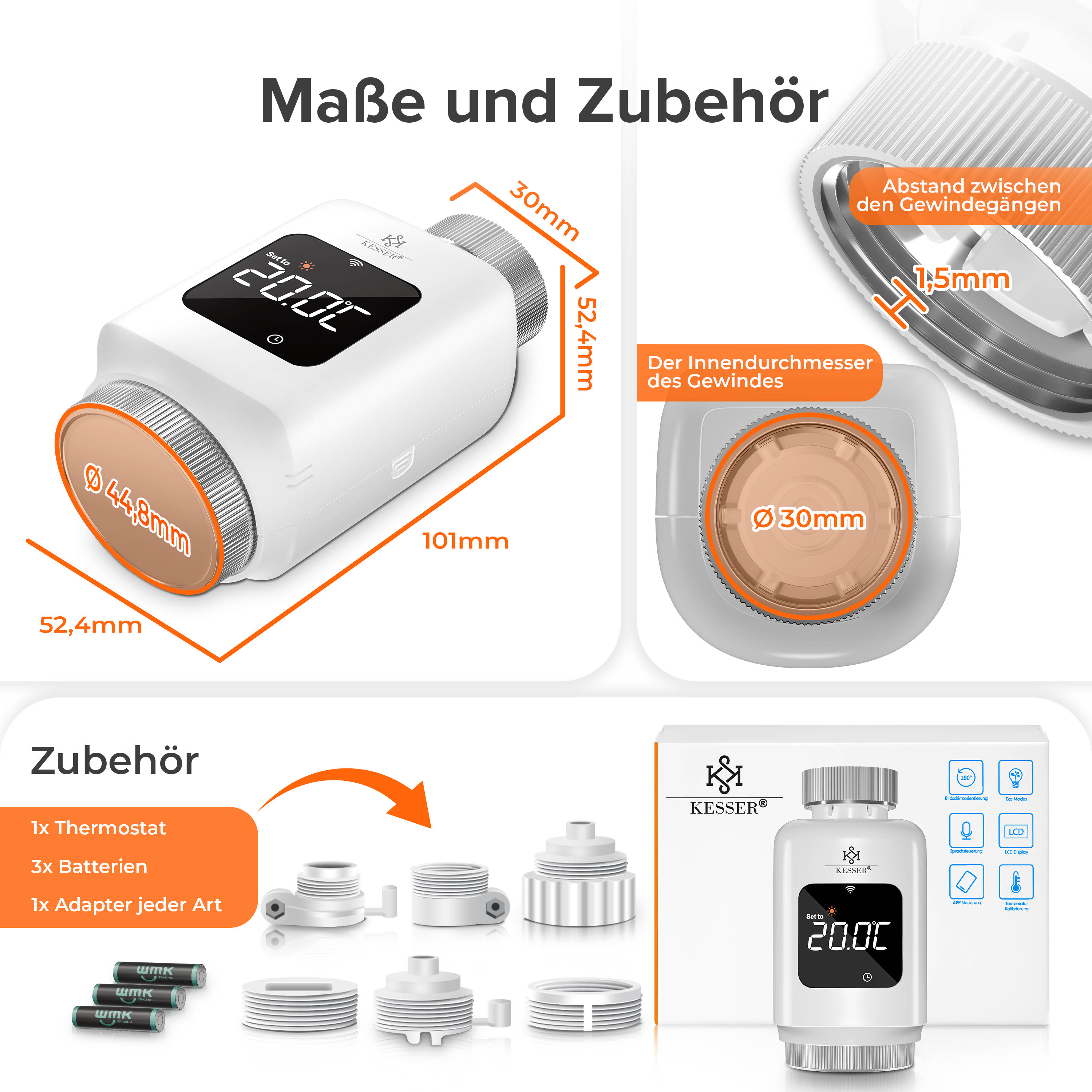 Technische Maße, Gewindegrößen und mitgeliefertes Zubehör eines weißen digitalen Heizkörperthermostats.