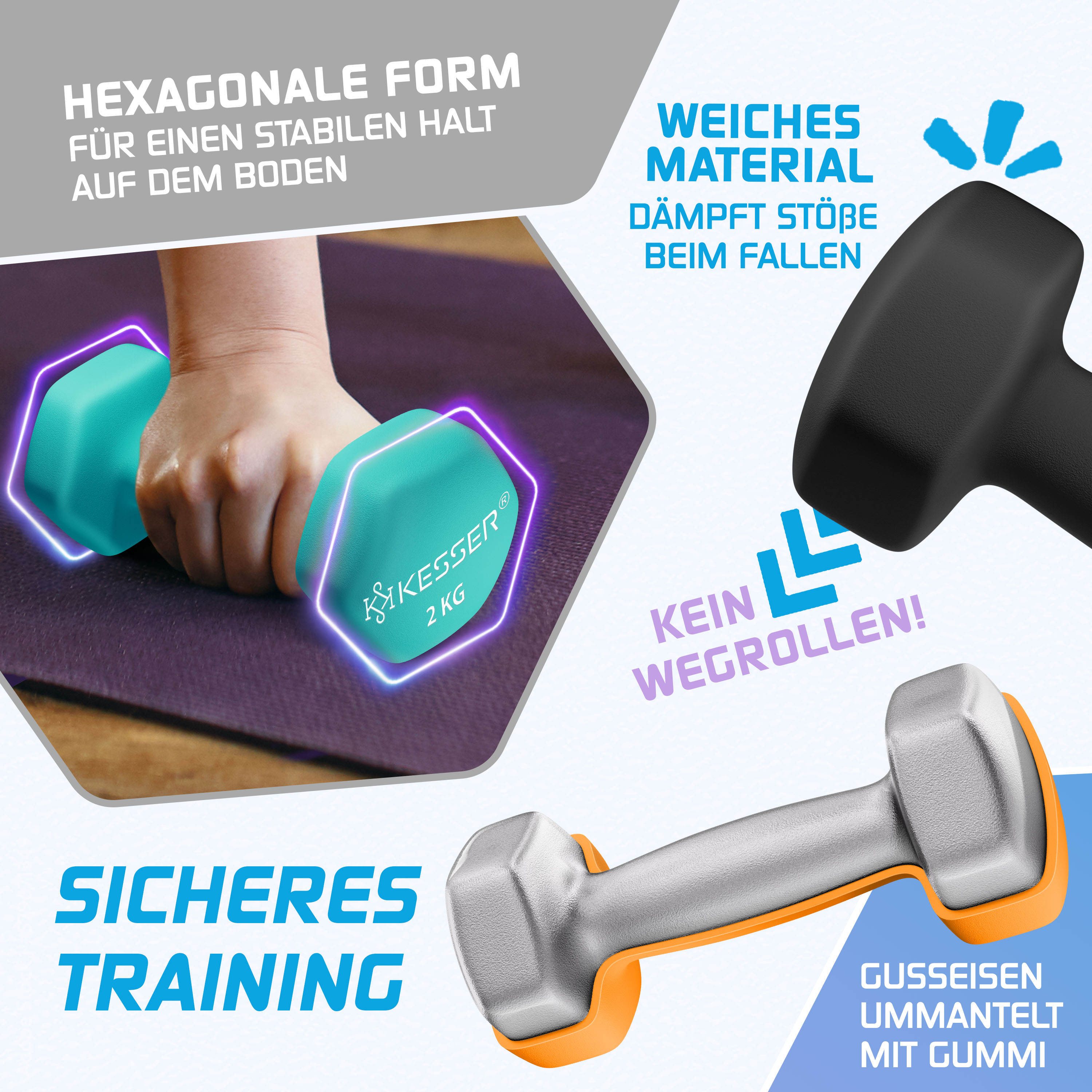 Verschiedene Hanteln mit Texten über rutschfestes Material, weichen Schutz und sicheres Training.