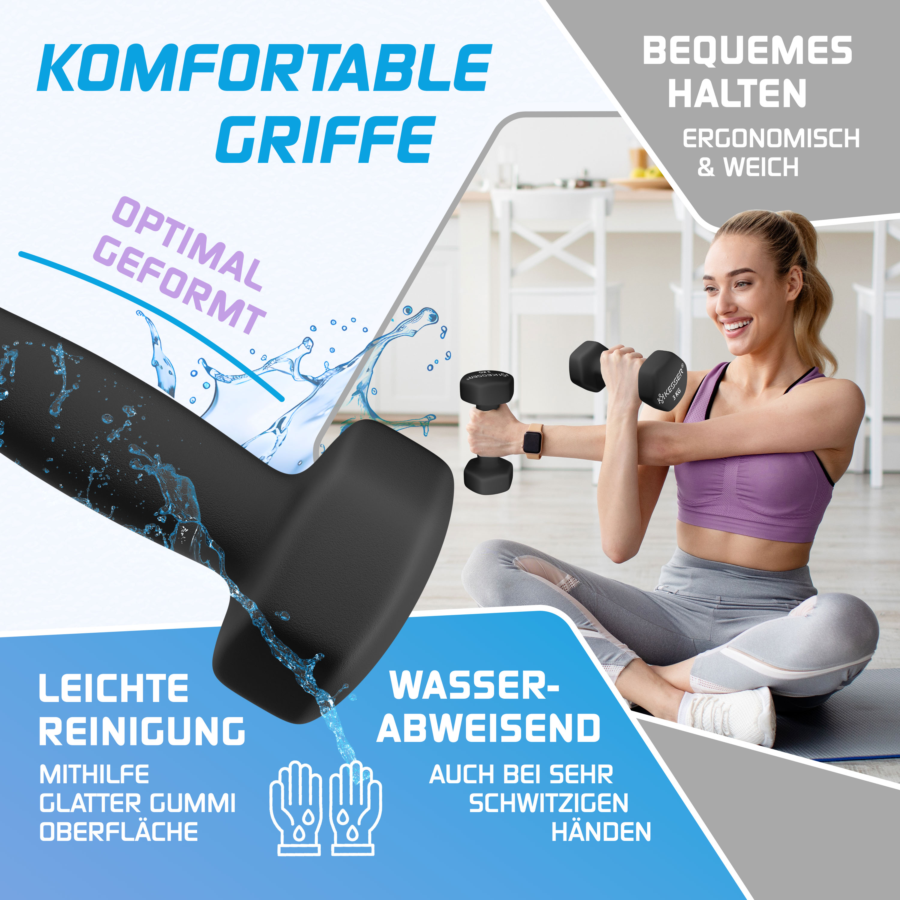 Fitness-Grafik mit einer Frau, die Hanteln hält, und Texten über komfortable Griffe, einfache Reinigung und Wasserabweisung.