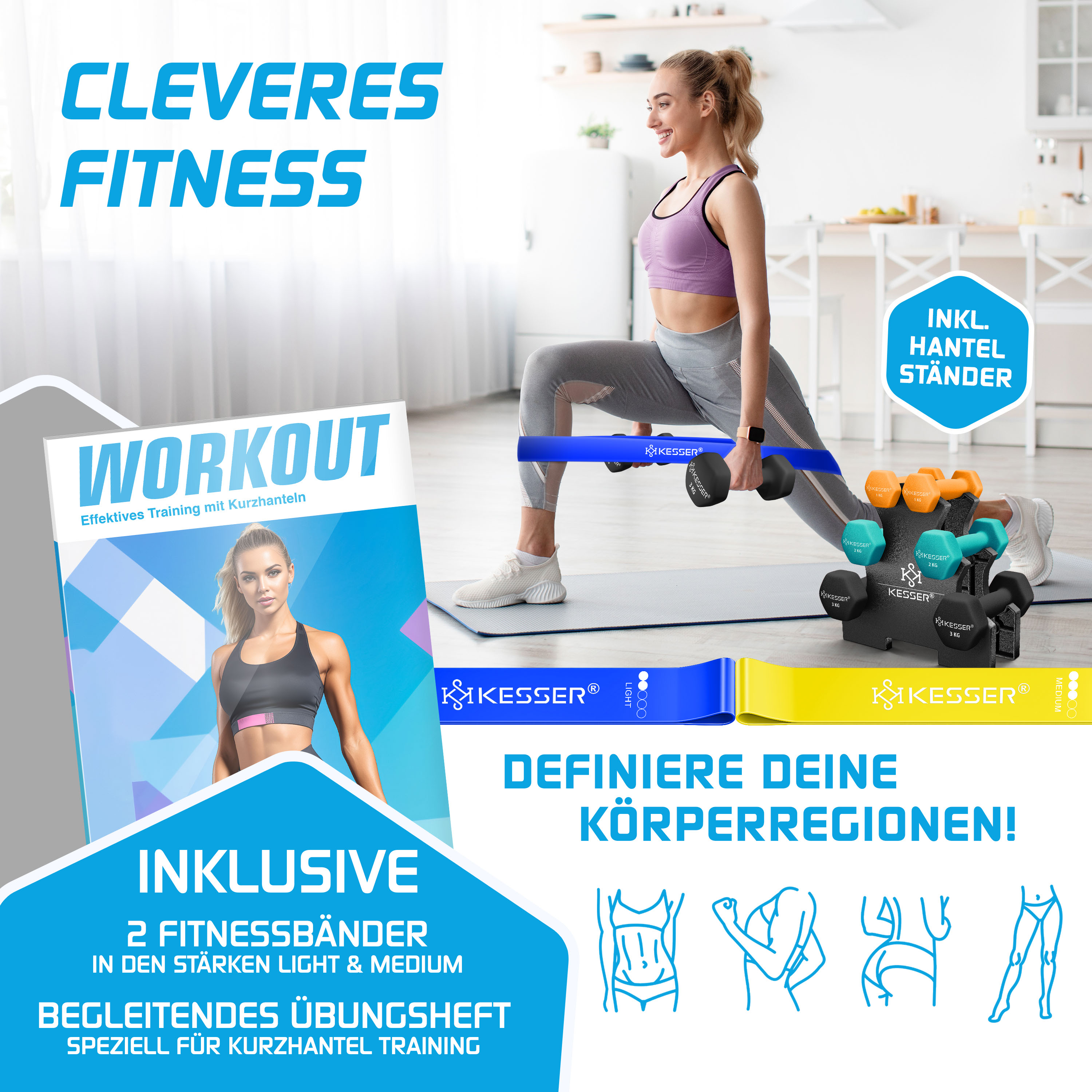 Eine Frau macht Ausfallschritte mit Hanteln in einer Küche, neben einem Trainingsheft und Fitnessbändern.