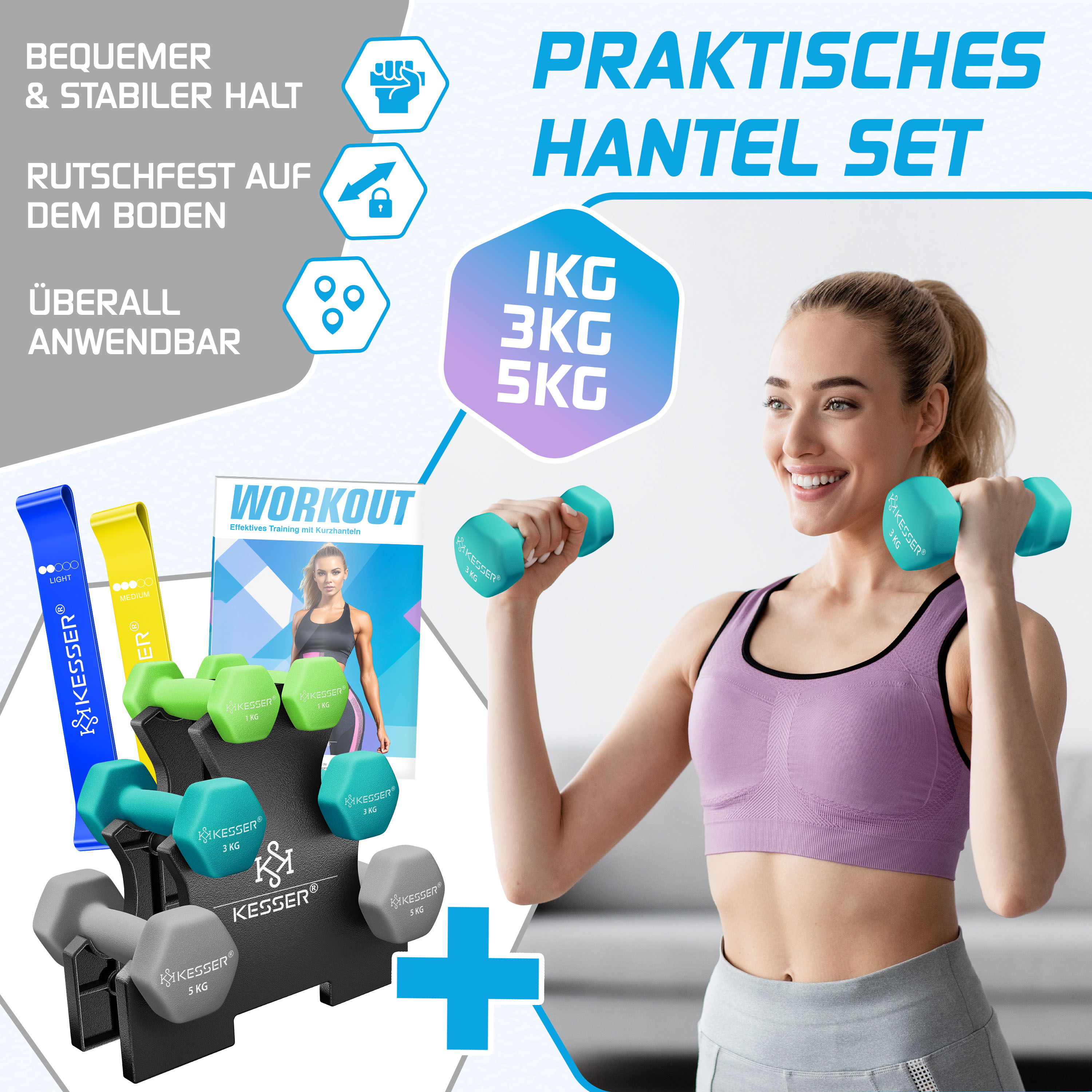 Eine Frau in Sportkleidung lächelt und hält türkisfarbene Hanteln. Davor sind Hanteln auf einem Ständer zu sehen.
