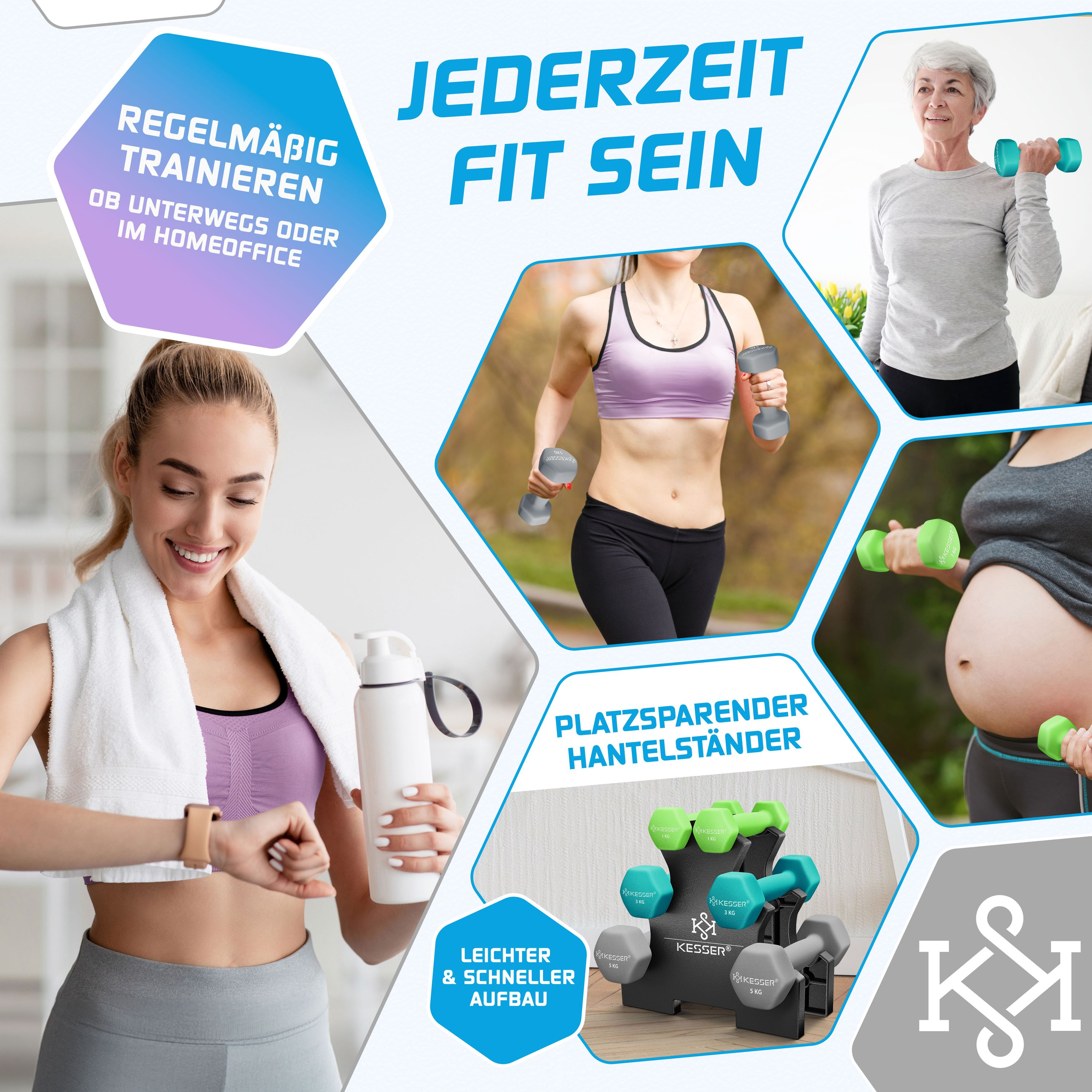 Fitness-Collage mit Frauen beim Hanteltraining, Wasserflasche und einem Hantelständer mit verschieden schweren Gewichten.