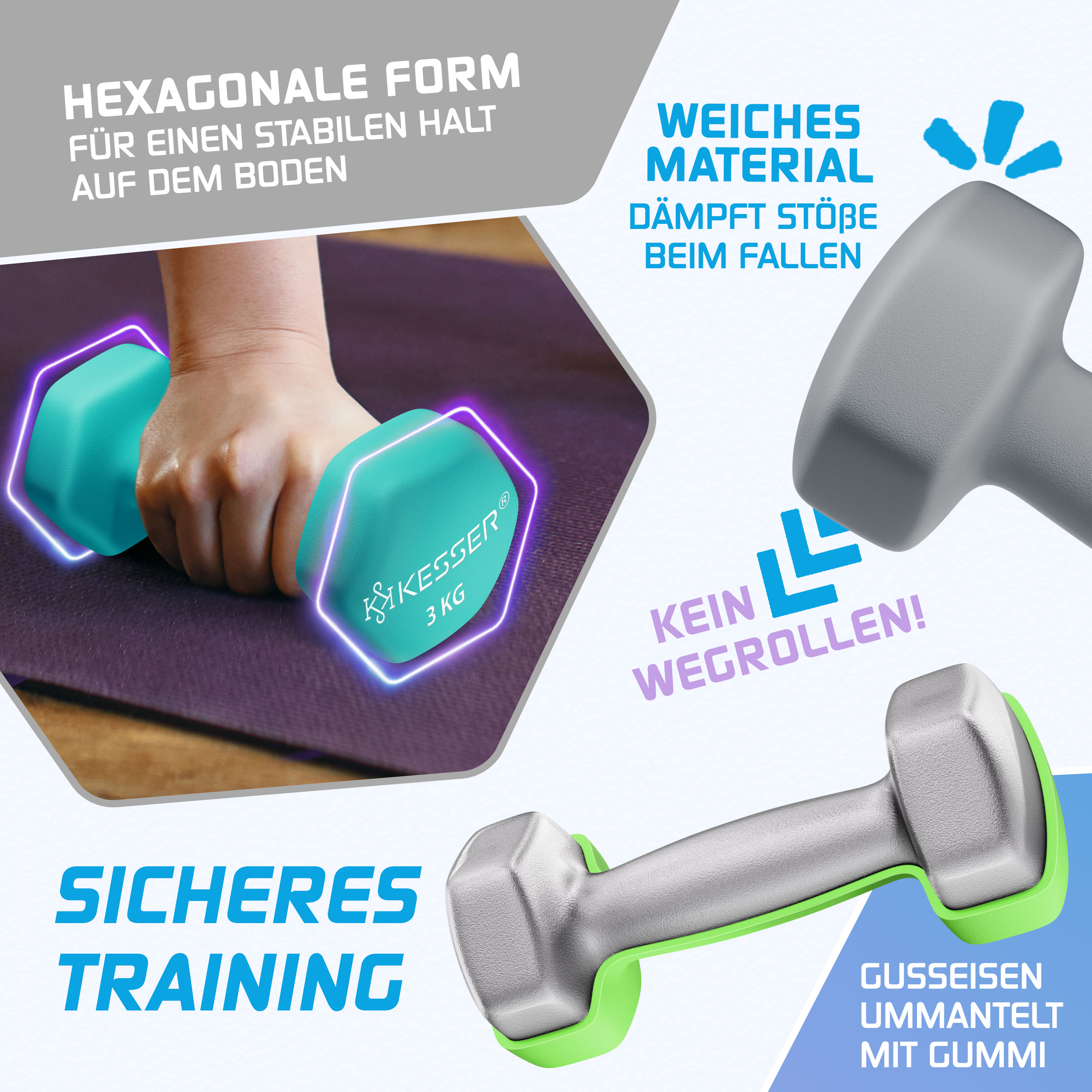 Verschiedene Ansichten von runden Hanteln mit Gummiummantelung, deutscher Text und Trainingszubehör.