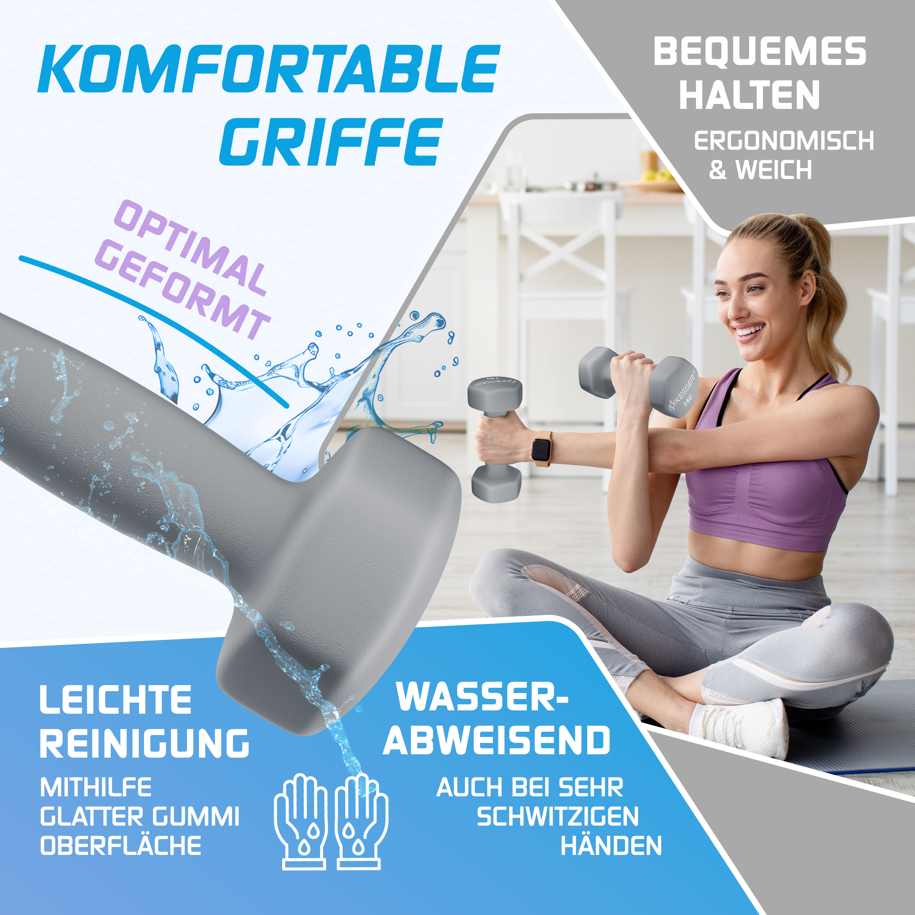 Frau sitzt im Sportoutfit auf einer Matte und hält Hanteln, daneben eine Nahaufnahme der Hantel mit Wasser.