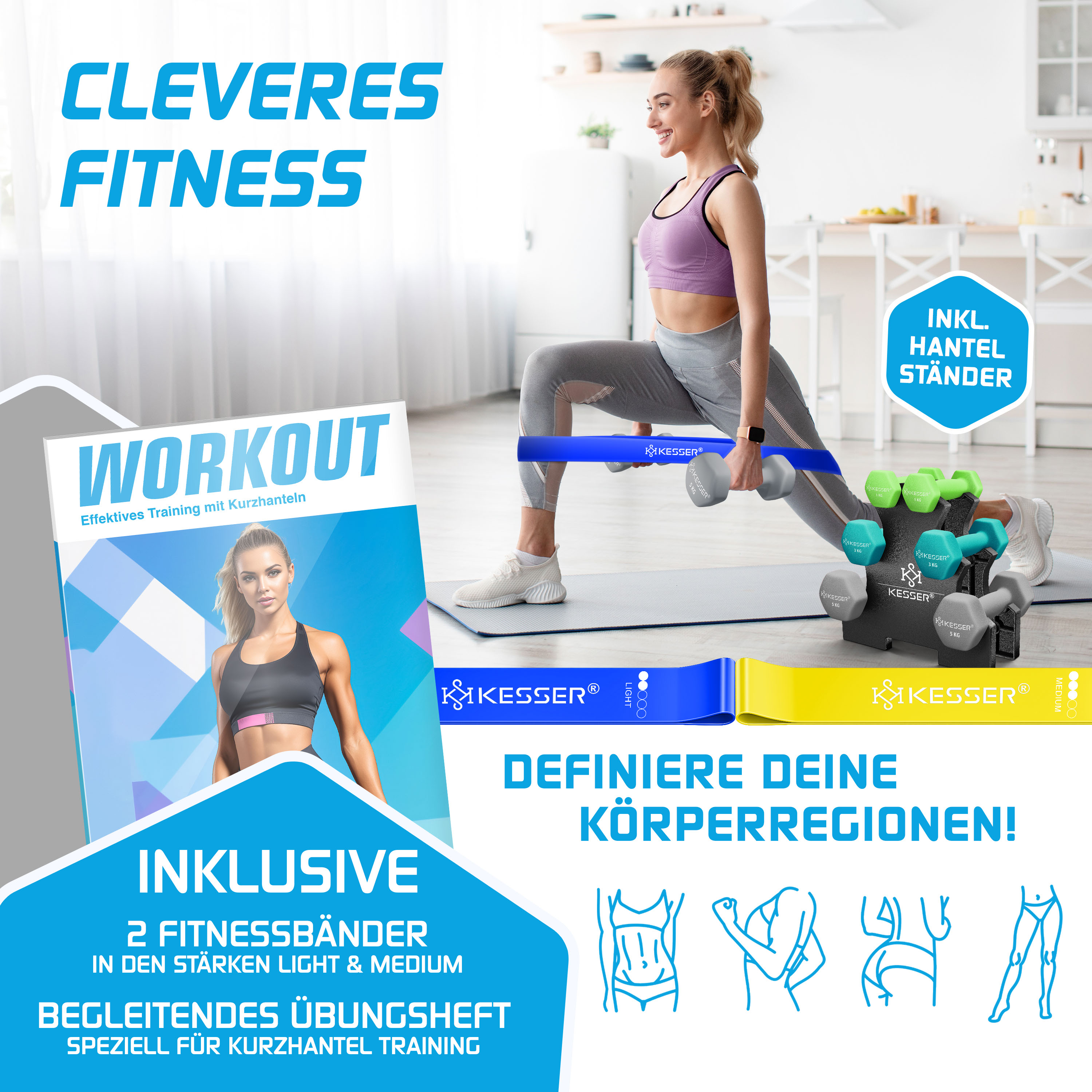 Eine Frau macht Ausfallschritte mit Hanteln und Fitnessbändern in einer hellen Küche, beworben mit einem Workout-Heft.