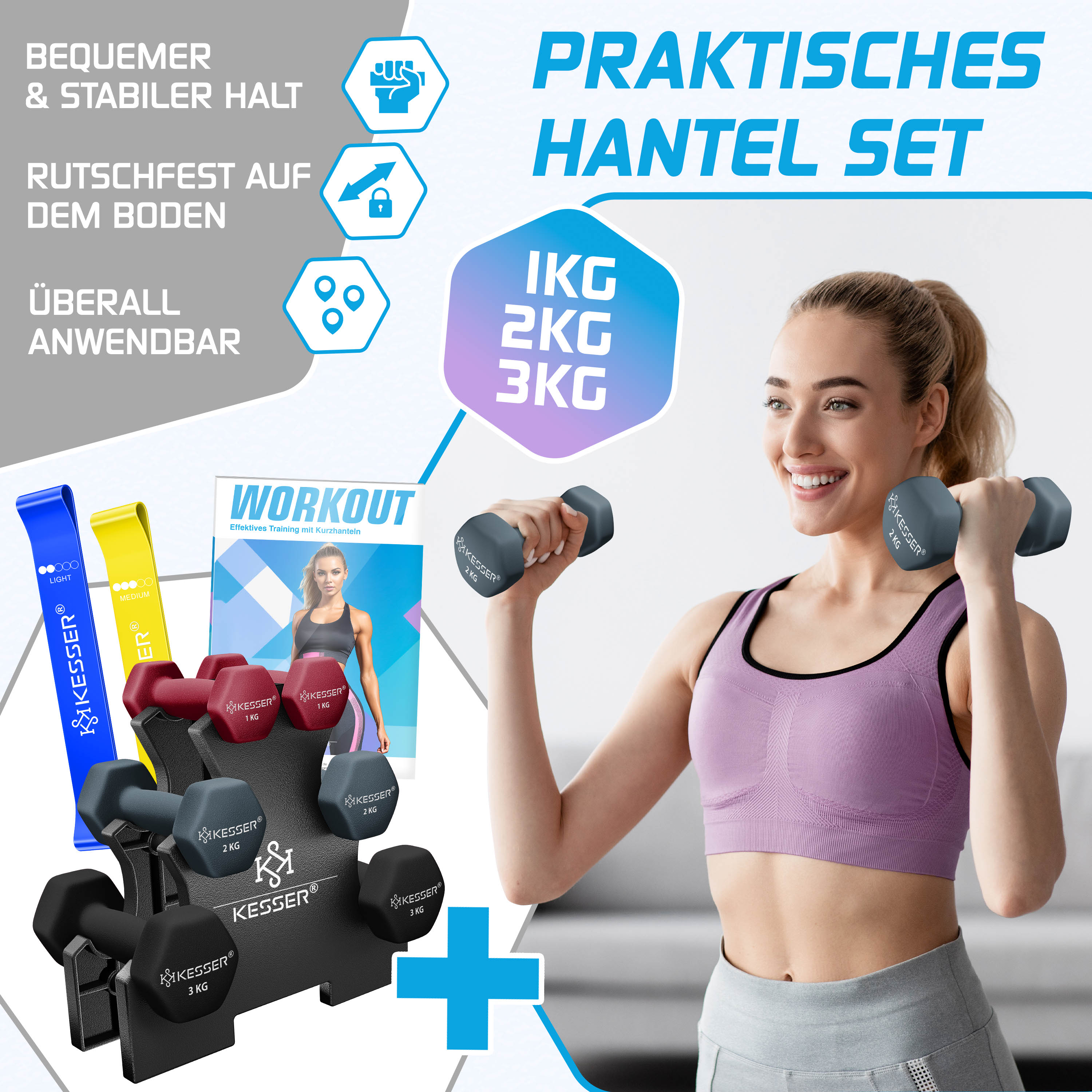 Frau lächelt und hebt graue Hanteln, neben einem Hantelset mit Ständer und Widerstandsbändern.