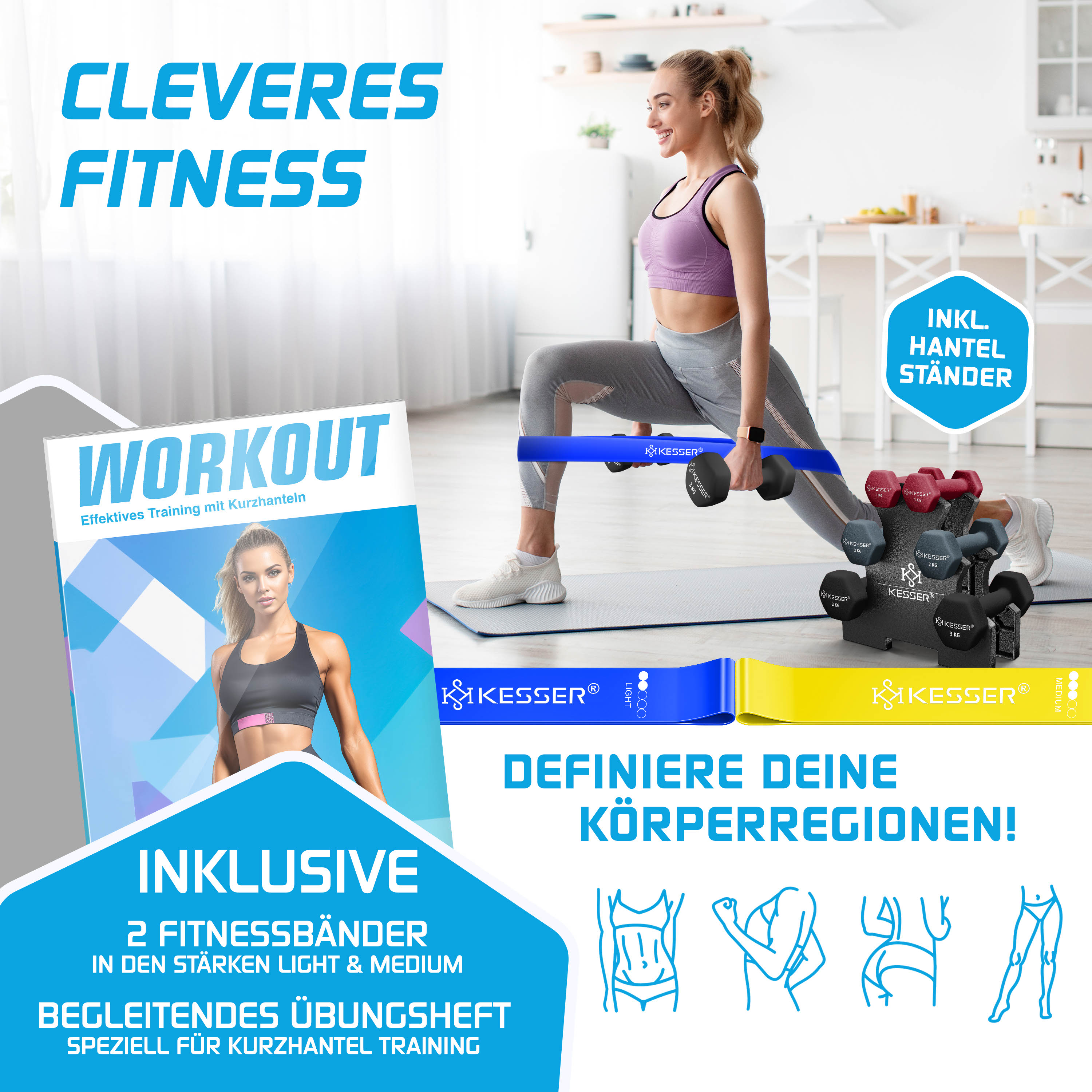Fitness-Werbung mit Frau beim Ausfallschritt, Hantelset und Workout-Heft vor heller Küche.