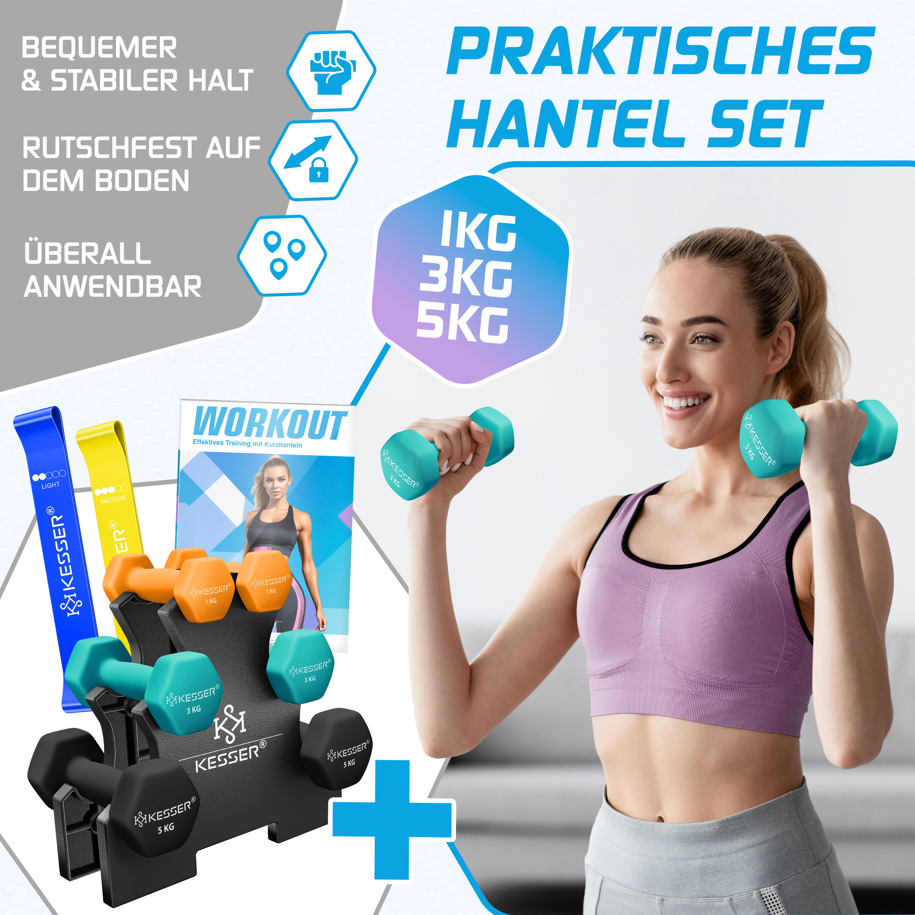 Eine lächelnde Frau trainiert mit türkisfarbenen Hanteln neben einem Ständer mit bunten Gewichten und Fitnessbändern.