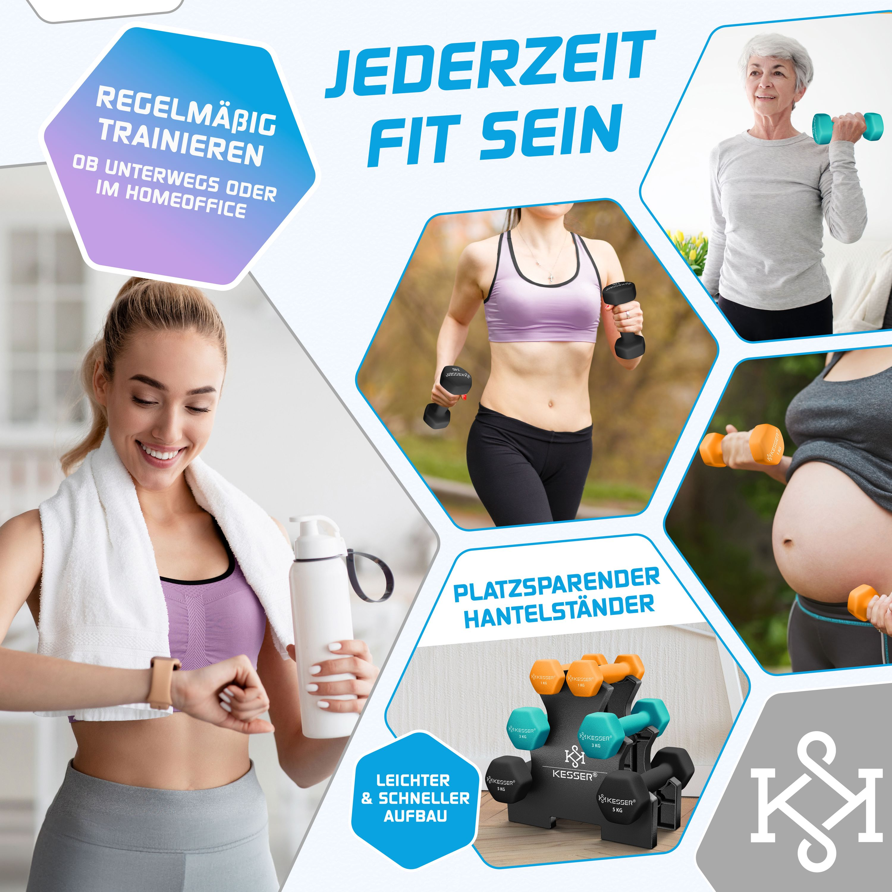 Fitness-Collage mit Frauen beim Training, Hanteln, Wasserflasche und Hantelständer.