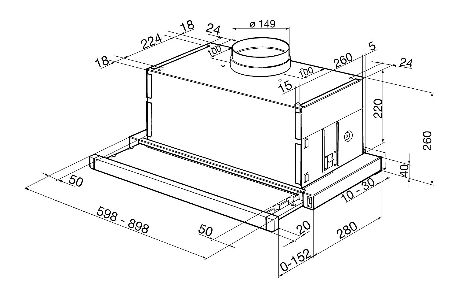 Dibujo técnico de una campana extractora rectangular con dimensiones detalladas.