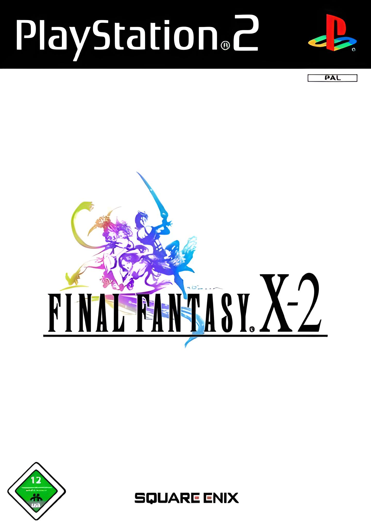 PlayStation 2 Spielecover von Final Fantasy X-2 mit drei bunt dargestellten Kriegerinnen.