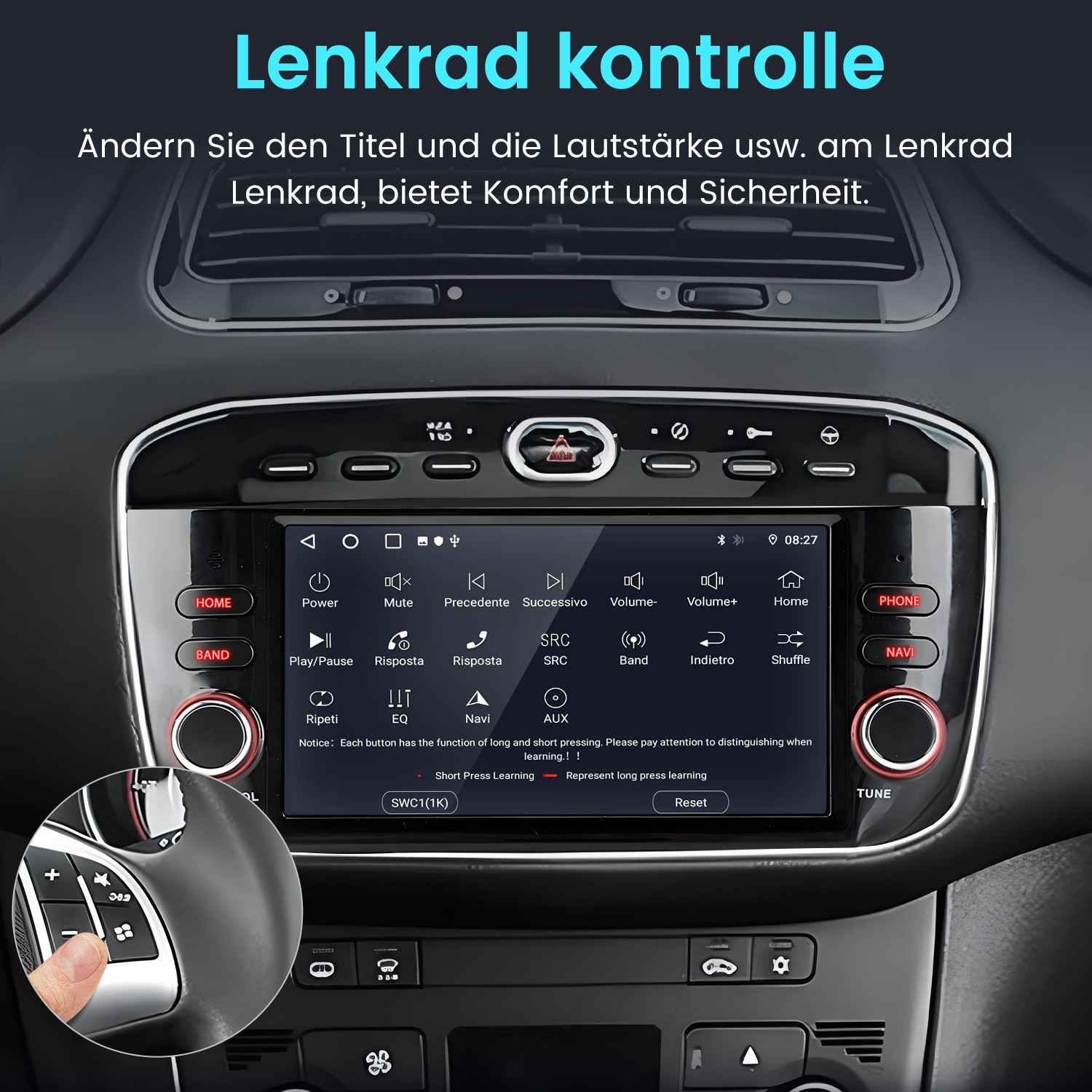 Autoinnenraum mit Multimediasystem und Lenkradfernbedienung.