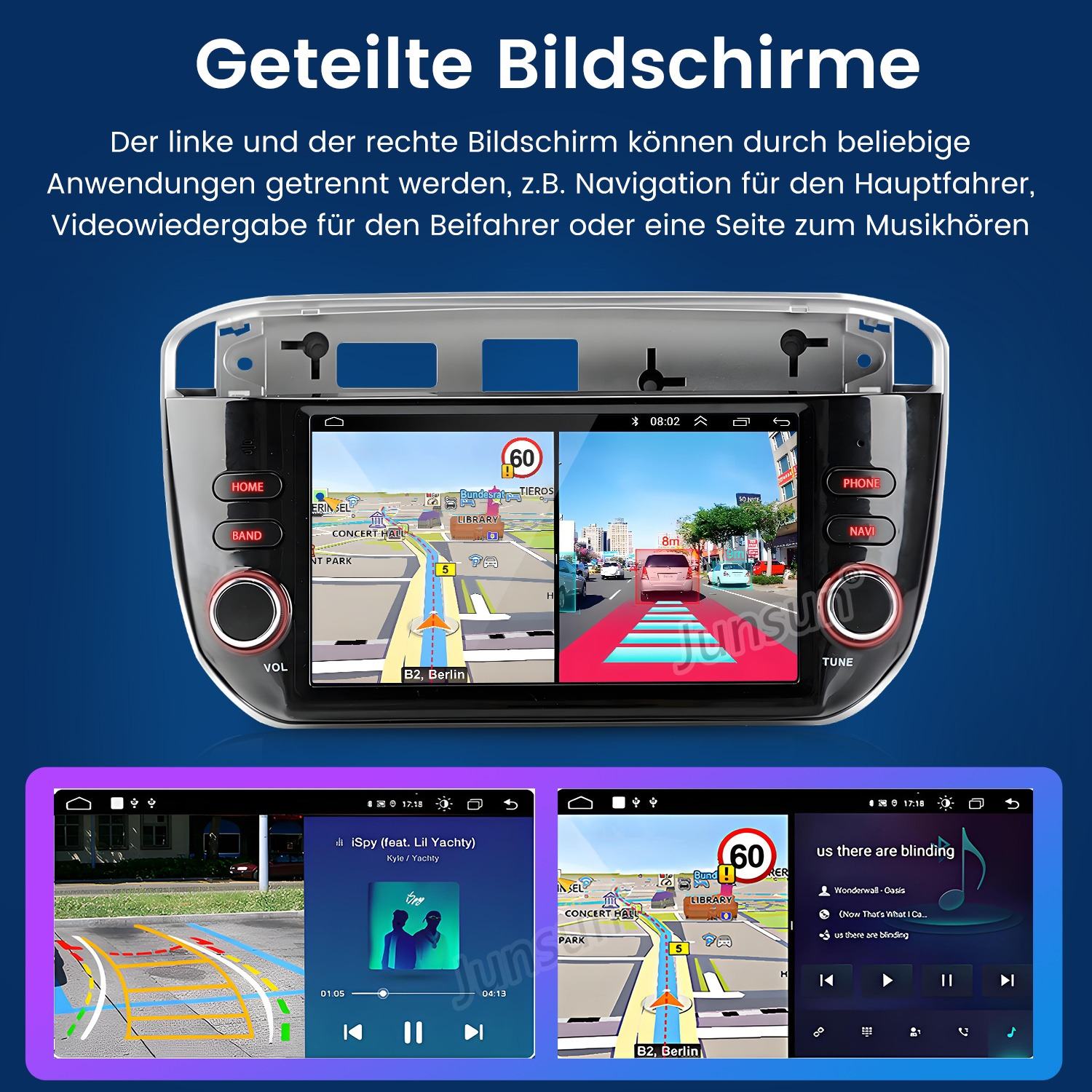 Geteilter Bildschirm eines Autoradios mit Navigation, Kamerasicht, Musikwiedergabe und deutscher Textgrafik.