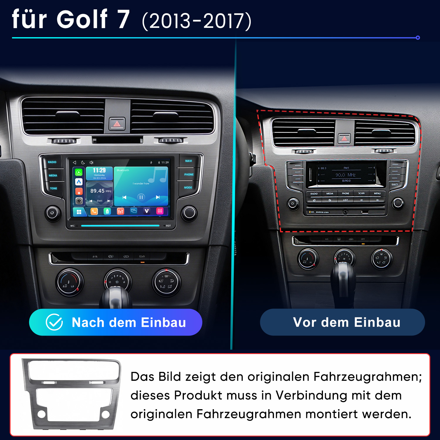 Vergleich Golf 7 Interieur vor und nach dem Einbau eines neuen Multimediasystems.