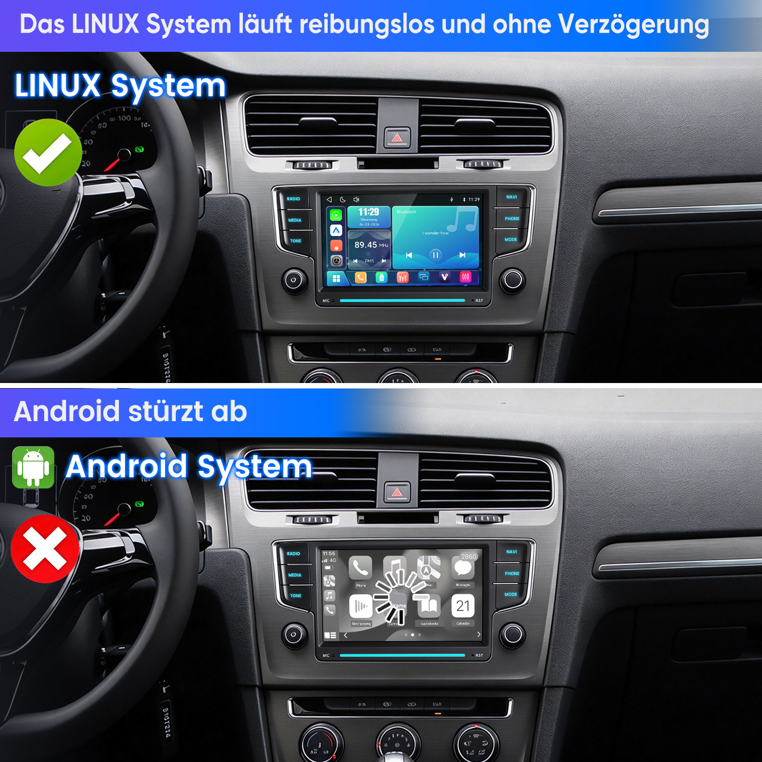 Vergleich zweier Auto-Displays: Linux läuft reibungslos, Android stürzt ab.