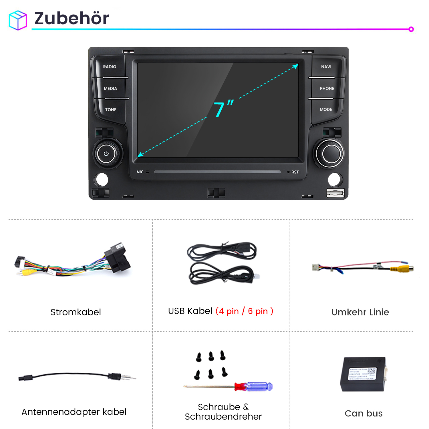 Zubehör für ein Auto-Navigationssystem mit 7-Zoll-Bildschirm, Kabeln, Adaptern, Schrauben und Can Bus.