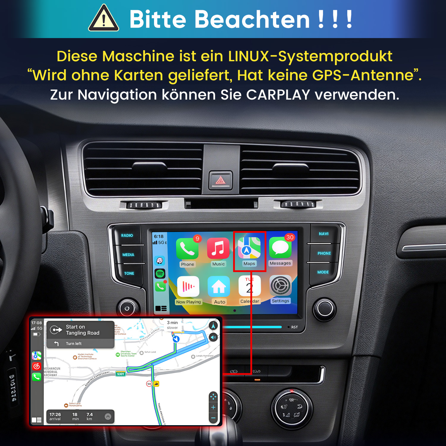 Autoinnenraum mit Linux-Multimediasystem, das Apple CarPlay Maps anzeigt, mit deutschem Warntext.
