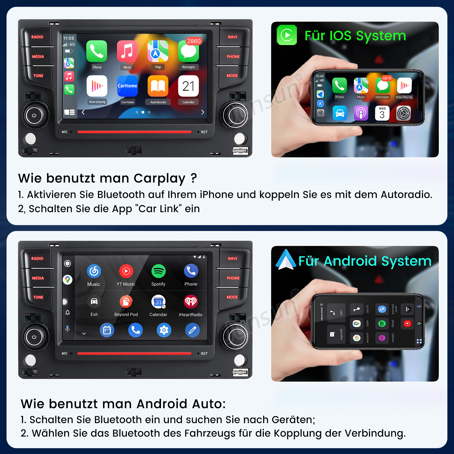 Anleitung zum Verbinden eines iPhones für Carplay und eines Android-Telefons für Android Auto mit einem Autoradio.