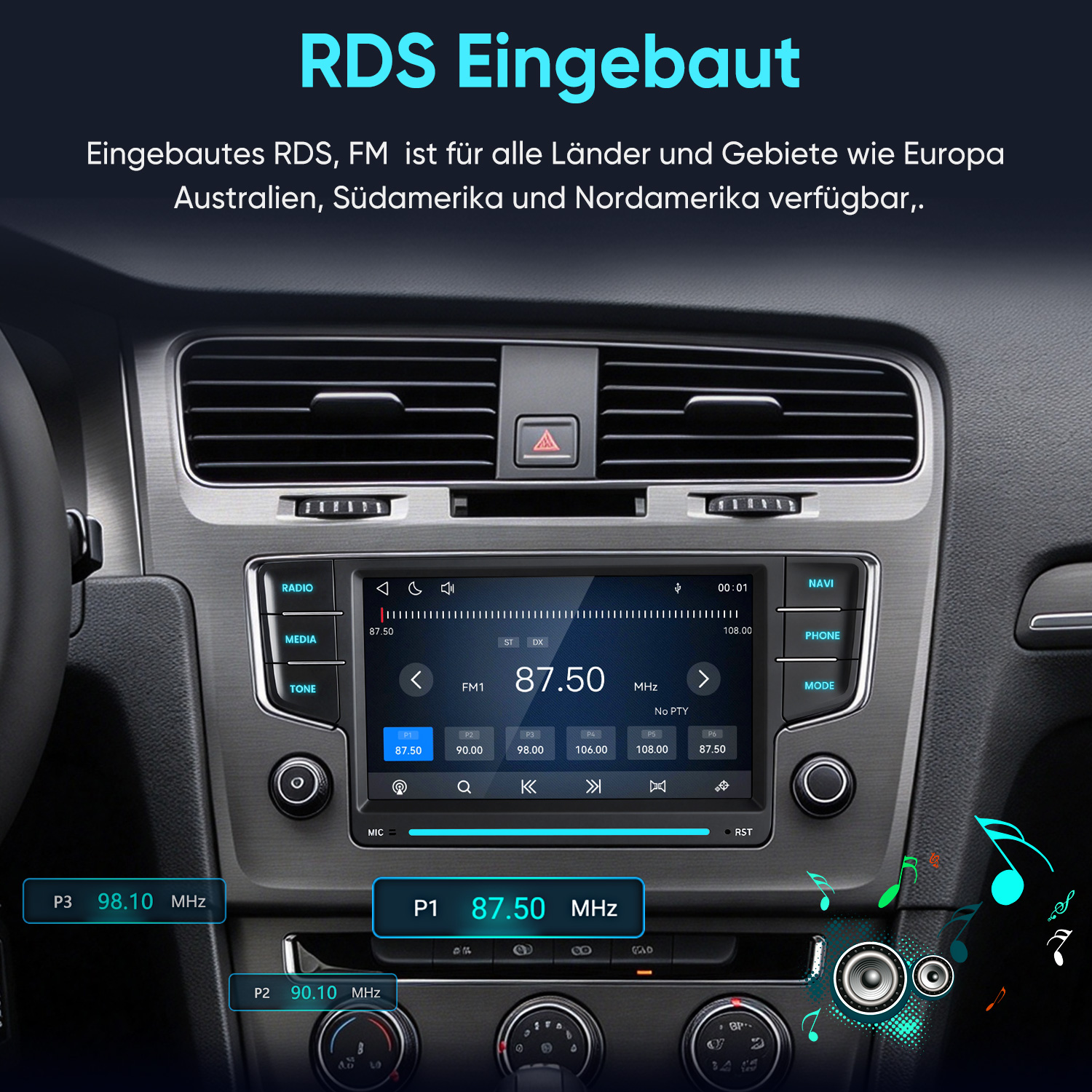 Auto-In-Dash-Multimedia-System mit FM-Radio-Bildschirm und Tasten in einem Fahrzeug-Armaturenbrett.