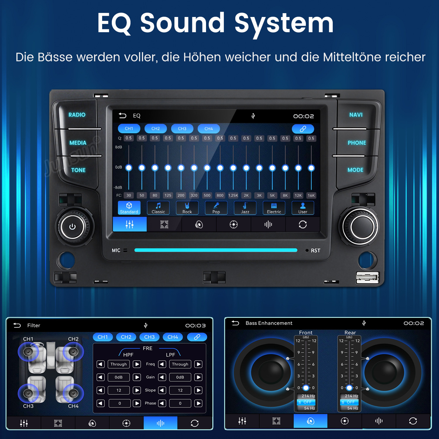 Ein Autoradio mit Touchscreen, der einen Equalizer anzeigt, und physischen Tasten an den Seiten.