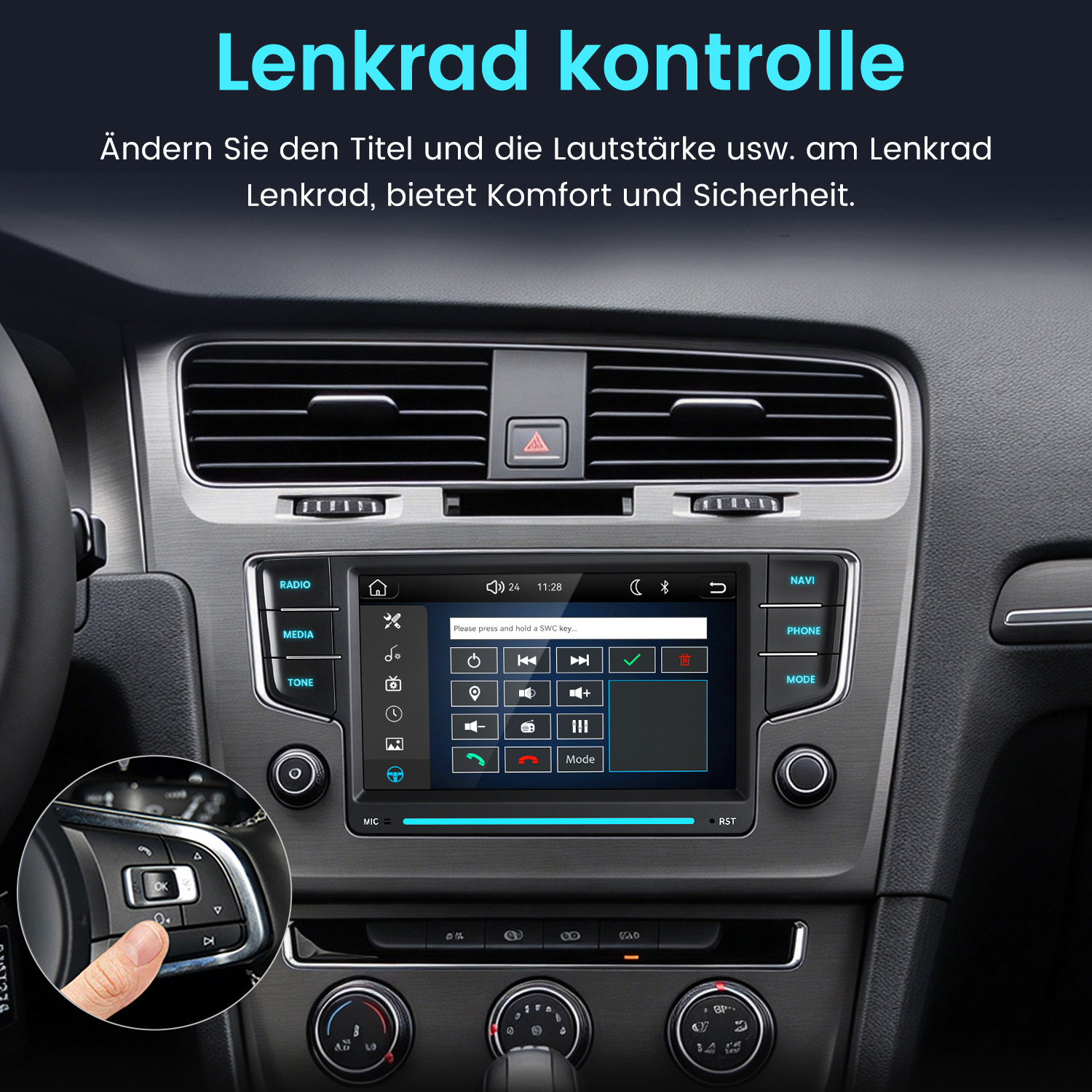 Autoinnenraum mit Touchscreen-Radio und Detailansicht der Lenkradtasten.