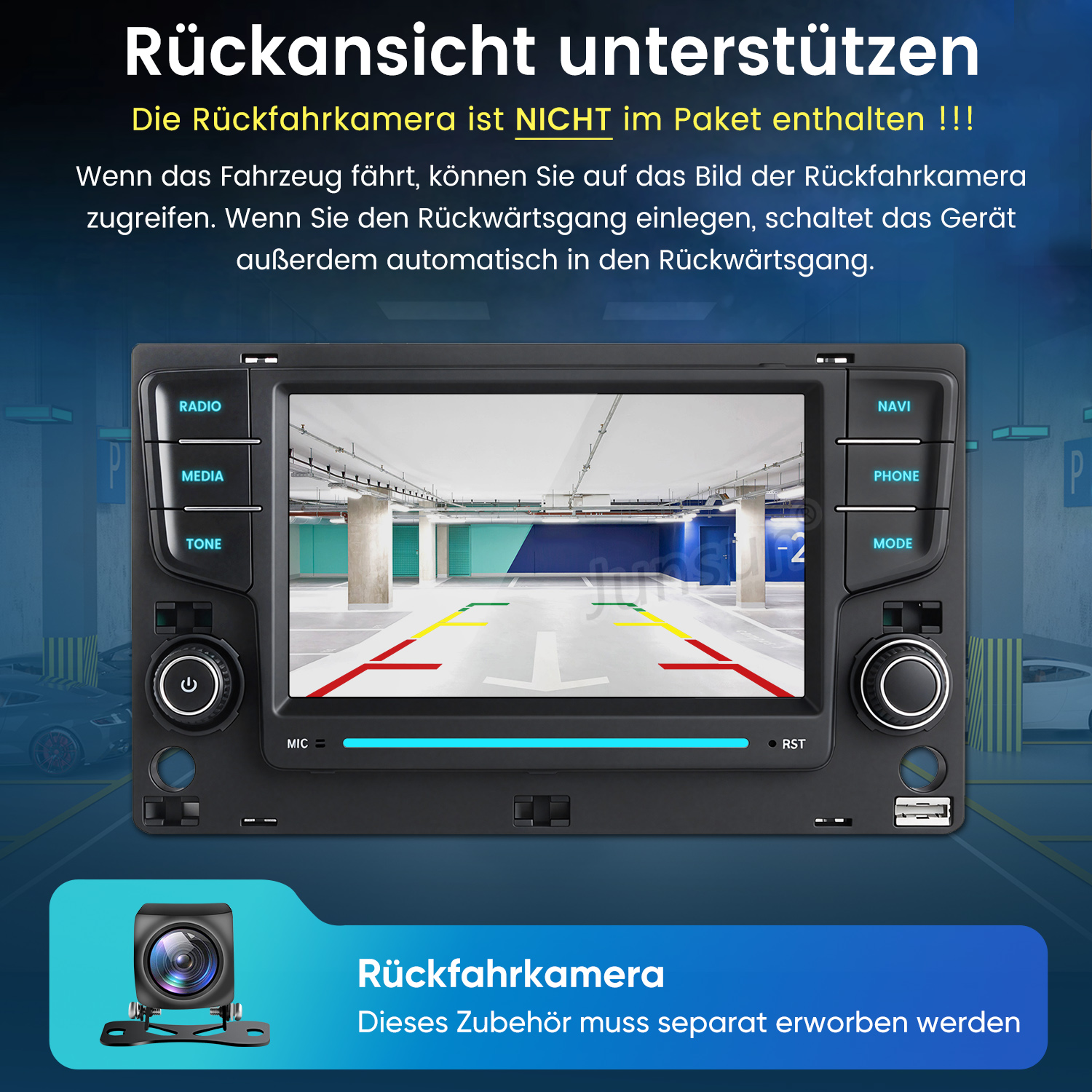 Autoradio mit Bildschirm zeigt die Ansicht einer Tiefgarage mit Parklinien.