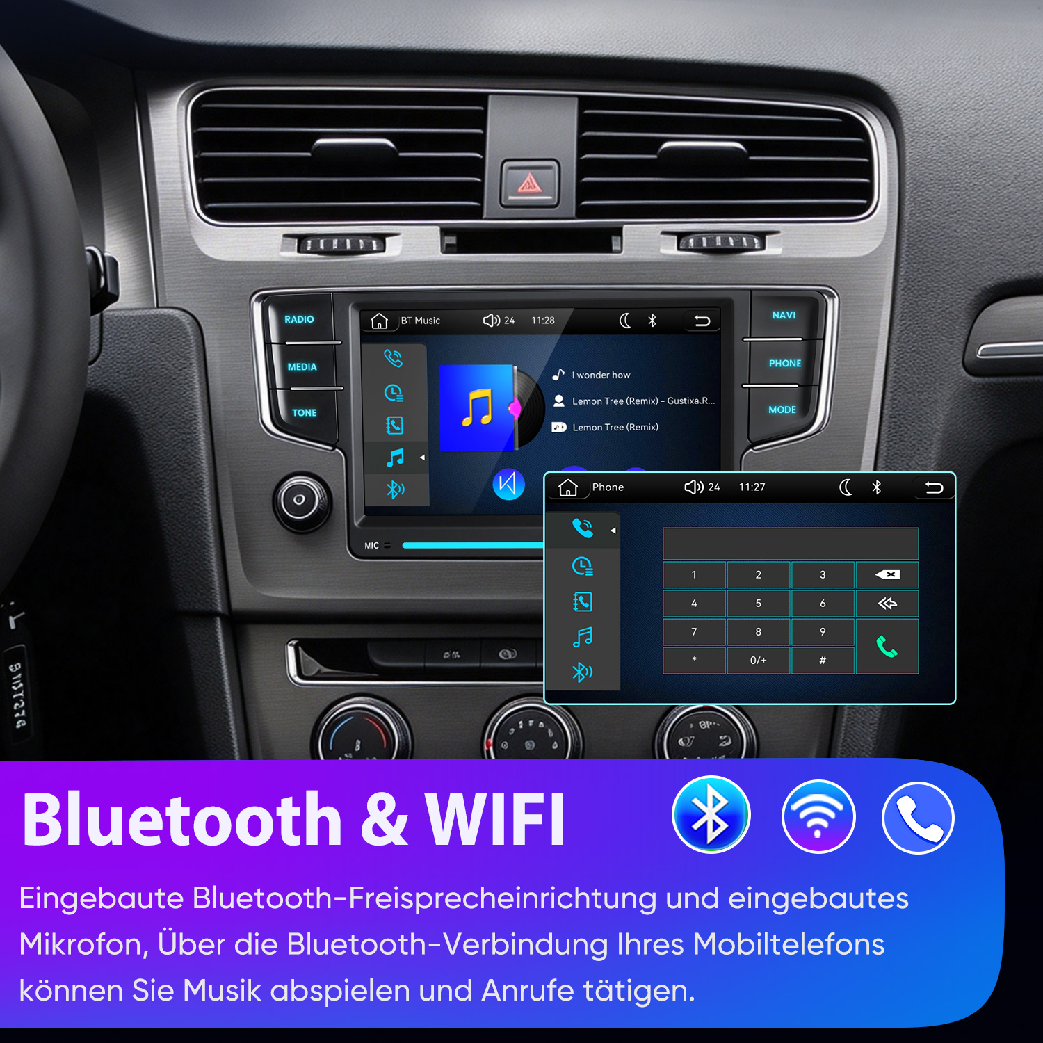 Autoradio mit Touchscreen in einer Autokonsole, zeigt Musik- und Telefonmenüs mit Bluetooth- und WLAN-Symbolen.