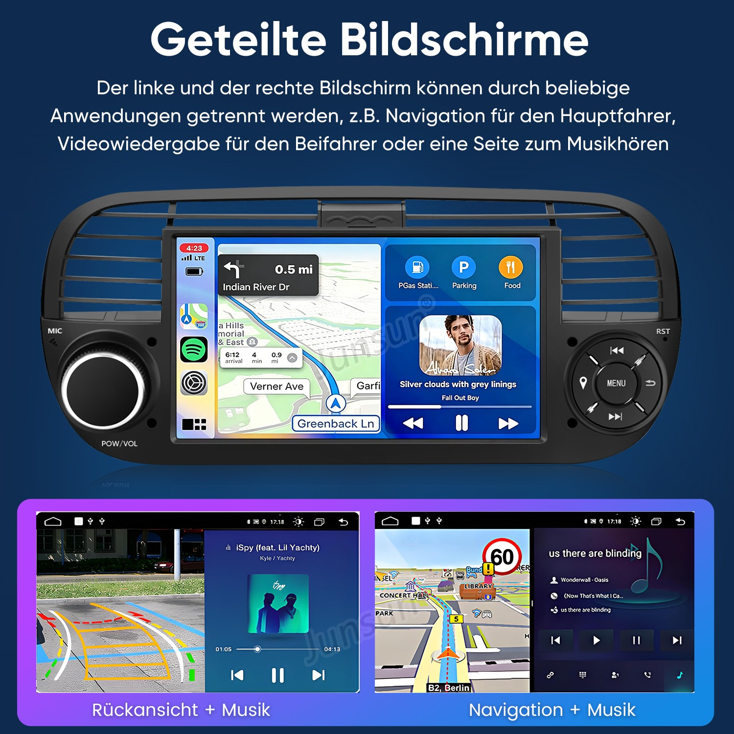 Autobildschirm mit geteilter Navigation, Musikplayer und Rückfahrkamera.