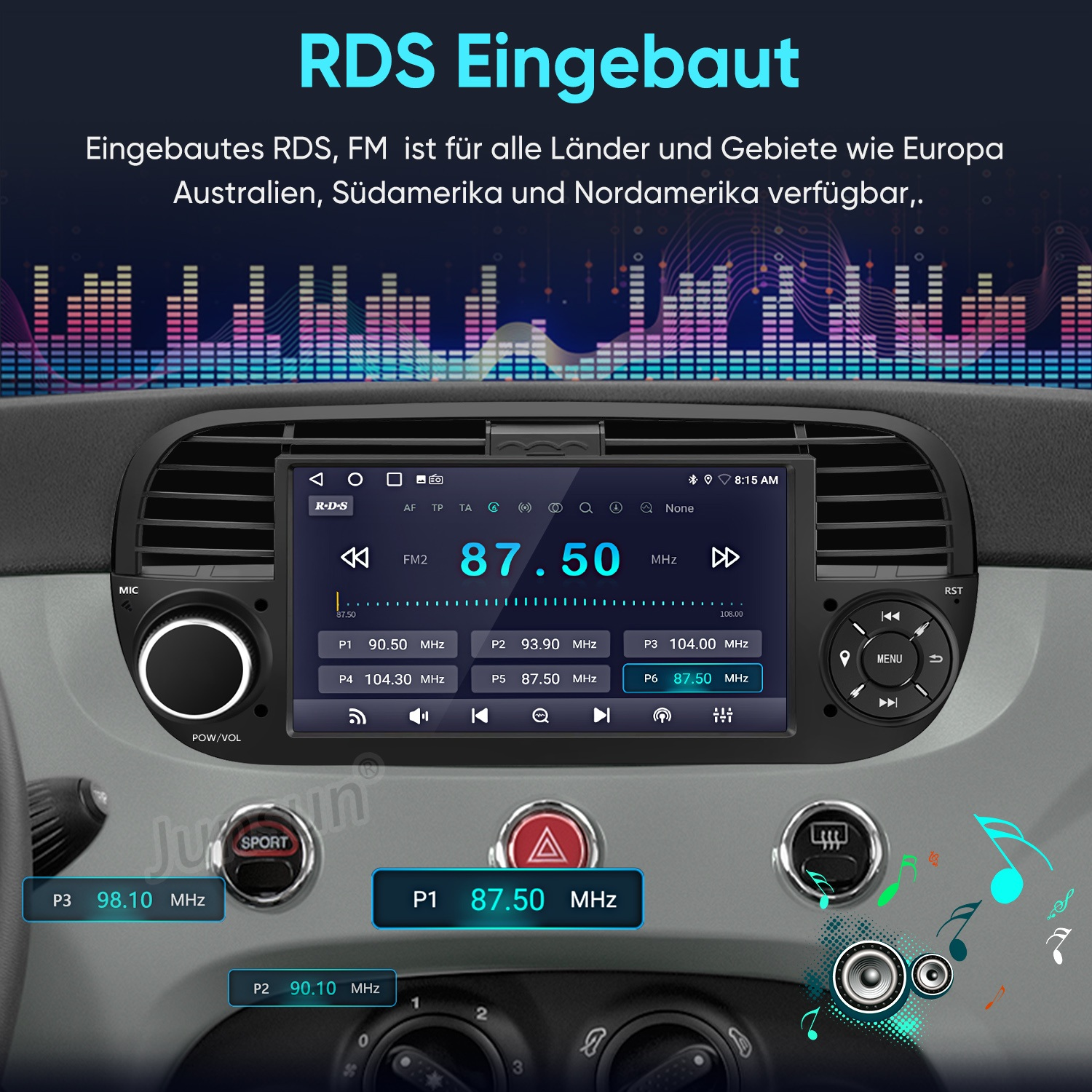 Autoradio-Armaturenbrettdisplay mit RDS und Frequenz 87,50 MHz sowie Schallwellengrafiken.