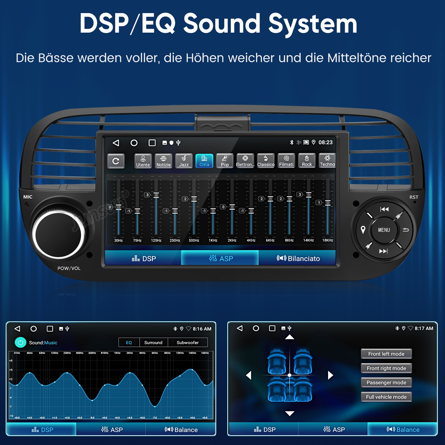 Ein Car-Audio-System mit einem großen Bildschirm zeigt Equalizer-Regler und Sound-Einstellungen auf blauem Hintergrund.