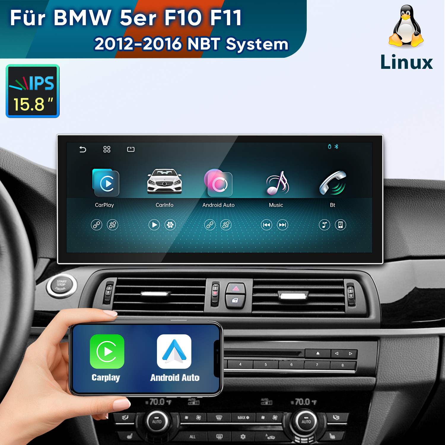 Ein BMW-Armaturenbrett mit großem Linux-Touchscreen und Handheld-Smartphone mit CarPlay und Android Auto.