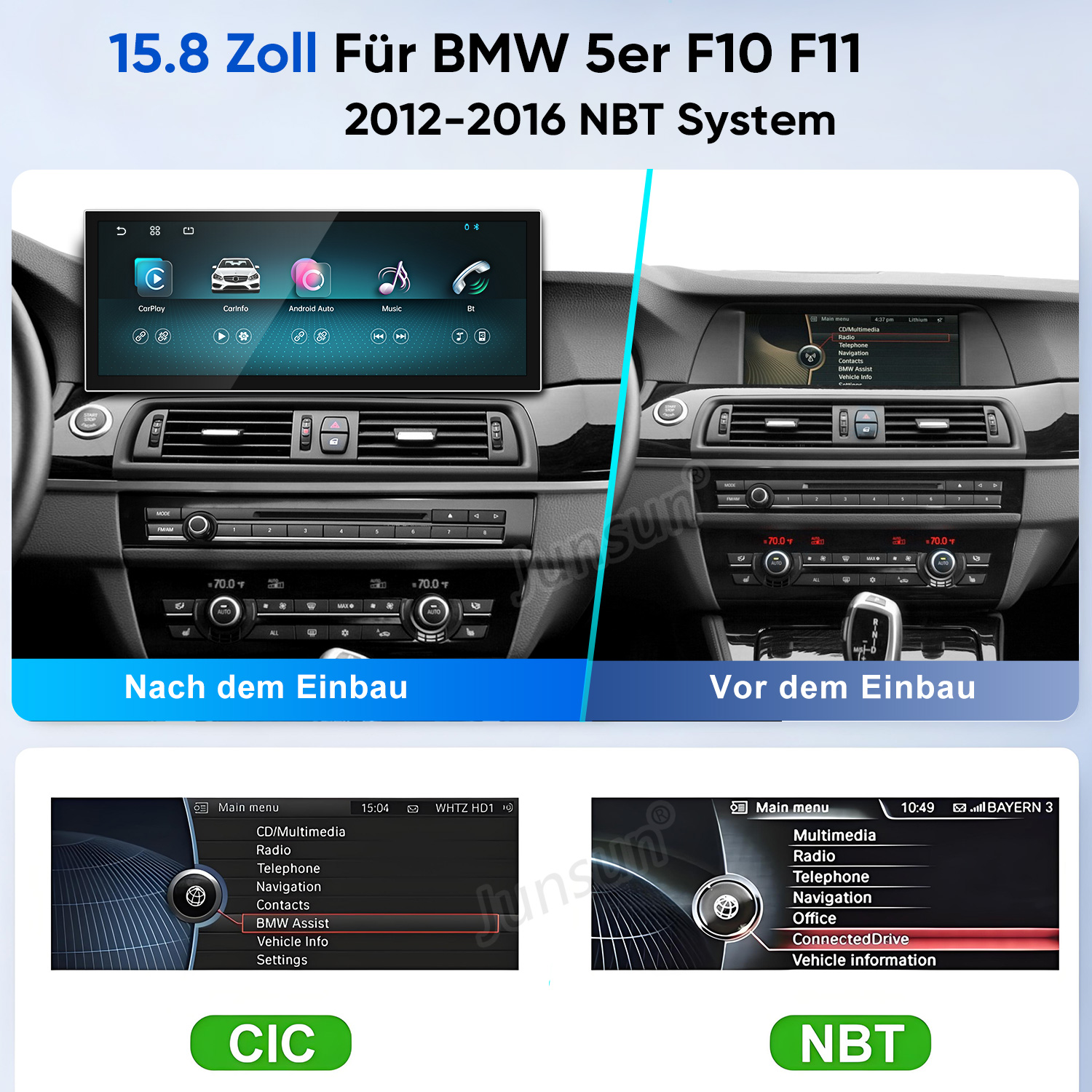 Vergleich von BMW NBT-System vor und nach dem Einbau eines 15.8 Zoll großen Displays sowie CIC- und NBT-Menüs.