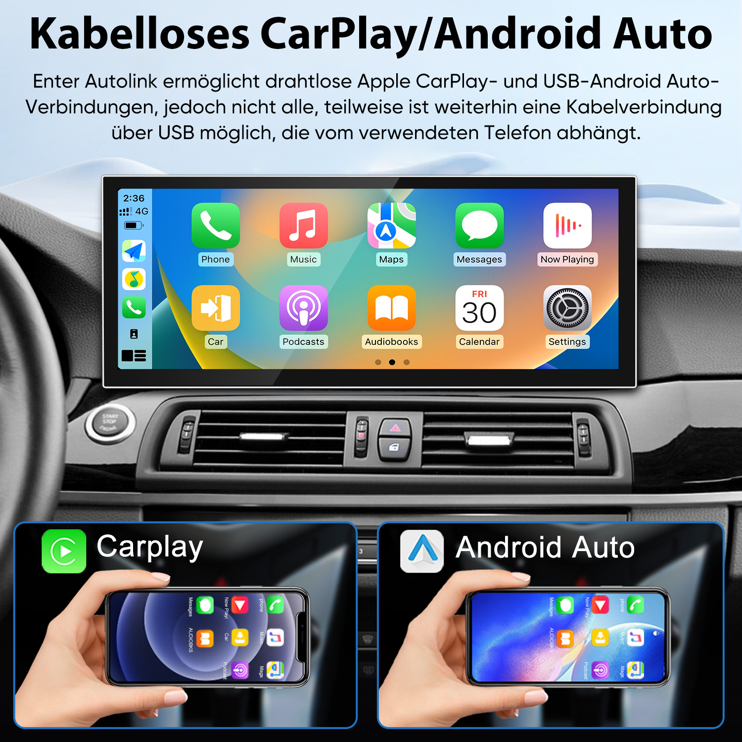 Autobildschirm mit CarPlay- und Android Auto-App-Symbolen auf dem Armaturenbrett.