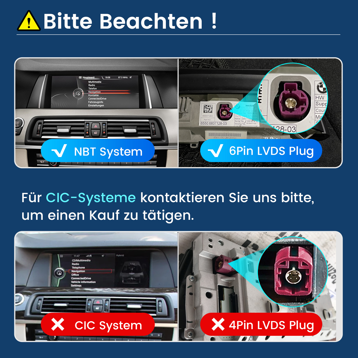 Vergleich von NBT System mit 6Pin LVDS Stecker und CIC System mit 4Pin LVDS Stecker.