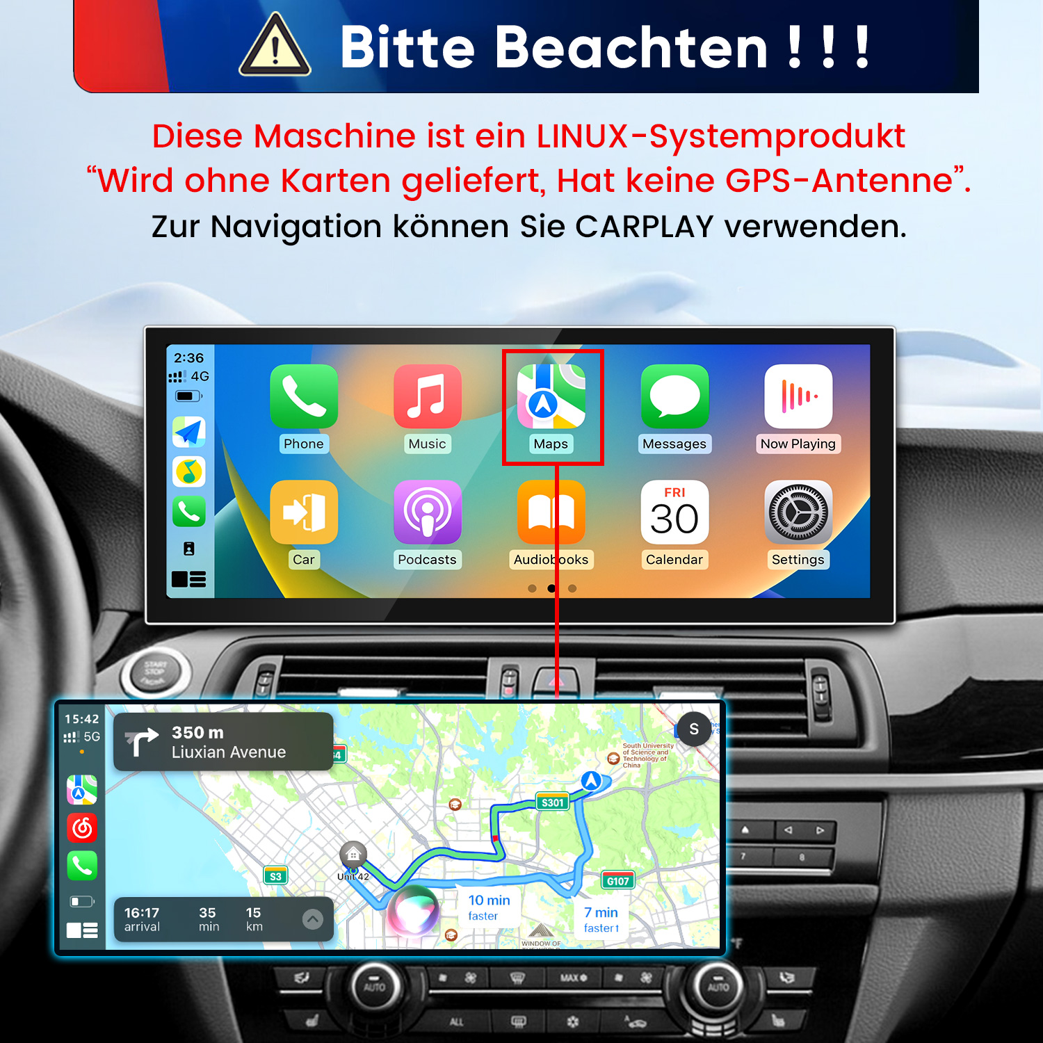 Autodisplay mit CarPlay-App-Icons und eingeblendeter GPS-Navigation.