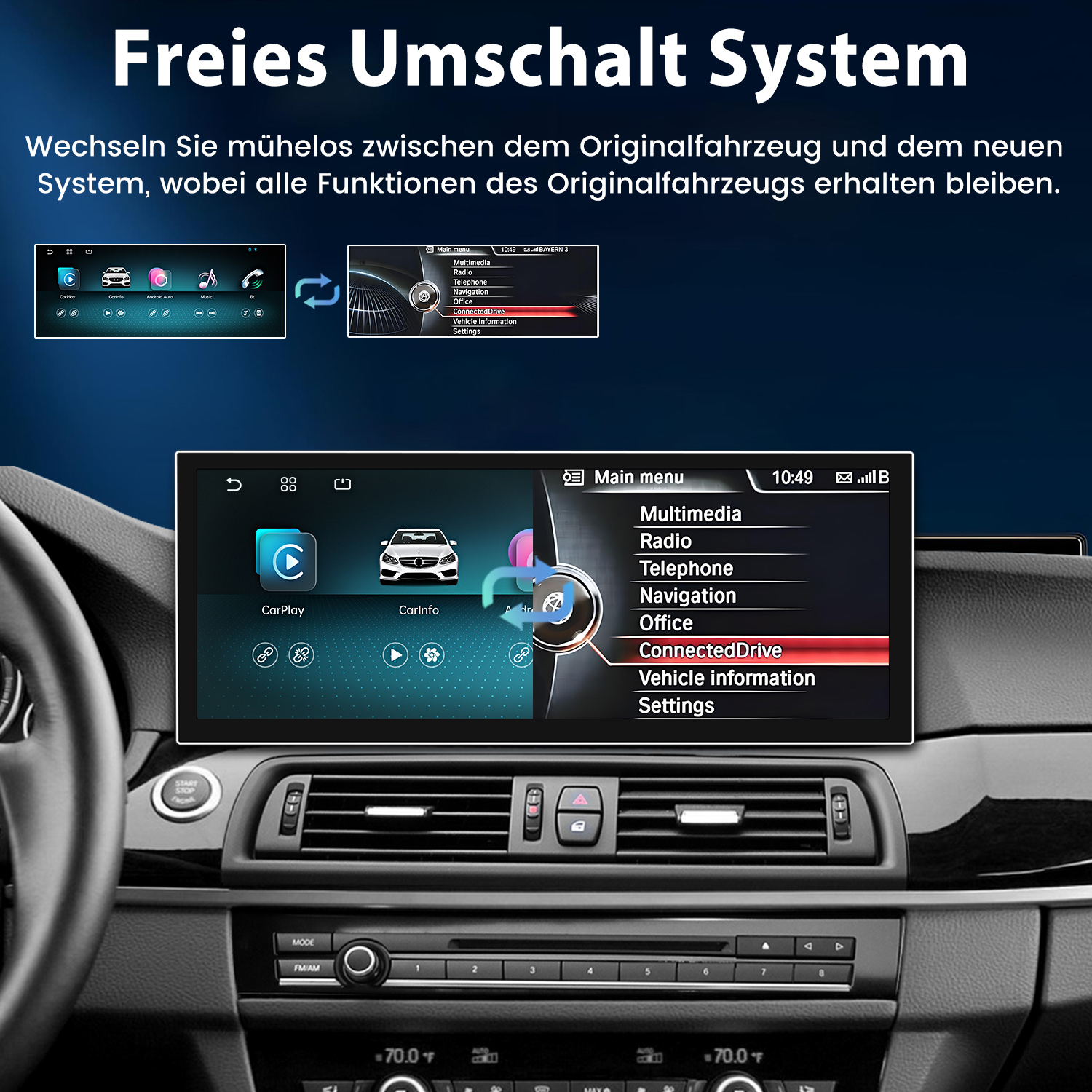 Autobildschirm zeigt Umschaltung zwischen Originalsystem und Carplay auf dem Armaturenbrett.