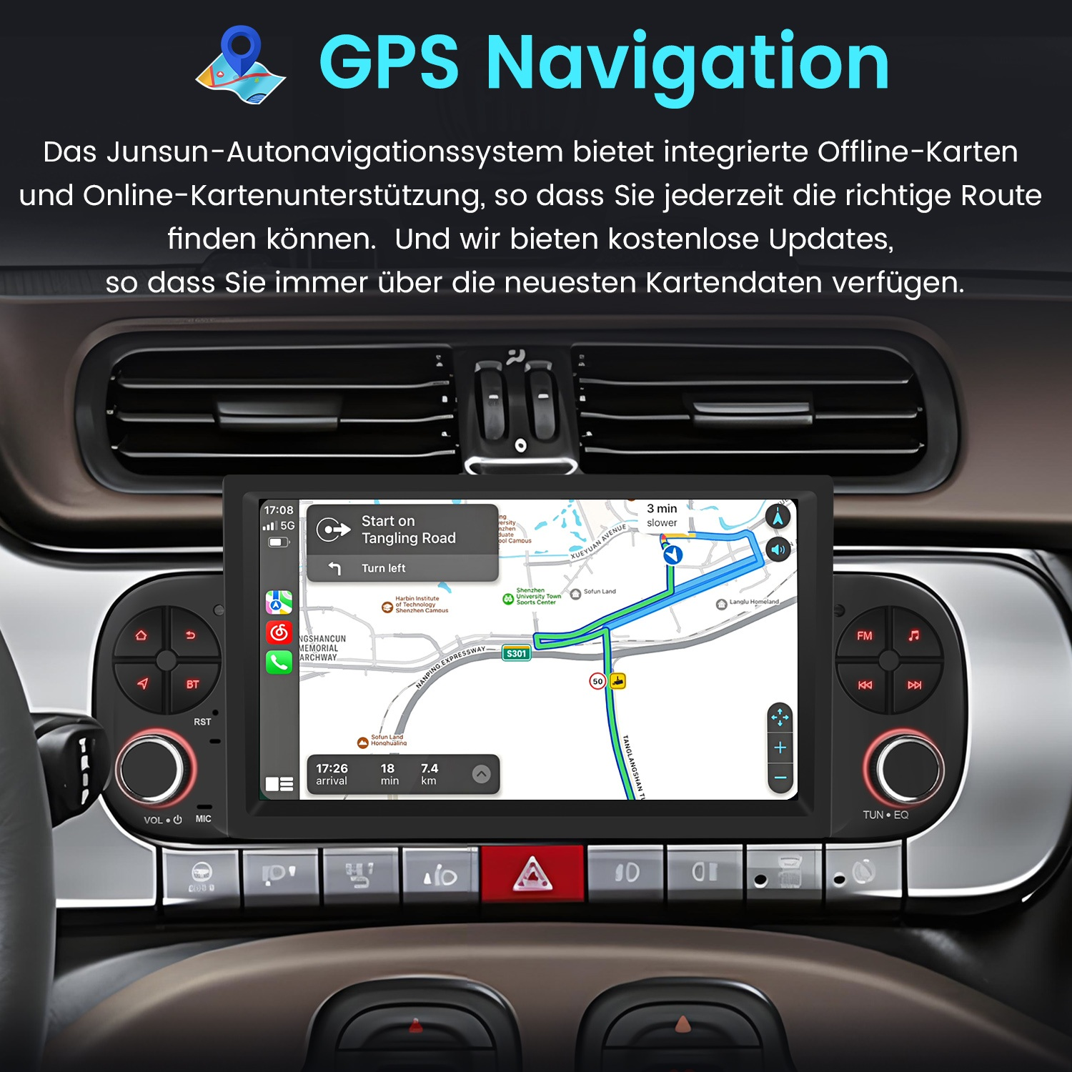 Ein GPS-Navigationssystem in einem Auto zeigt eine digitale Straßenkarte mit einer blauen Routenführung.