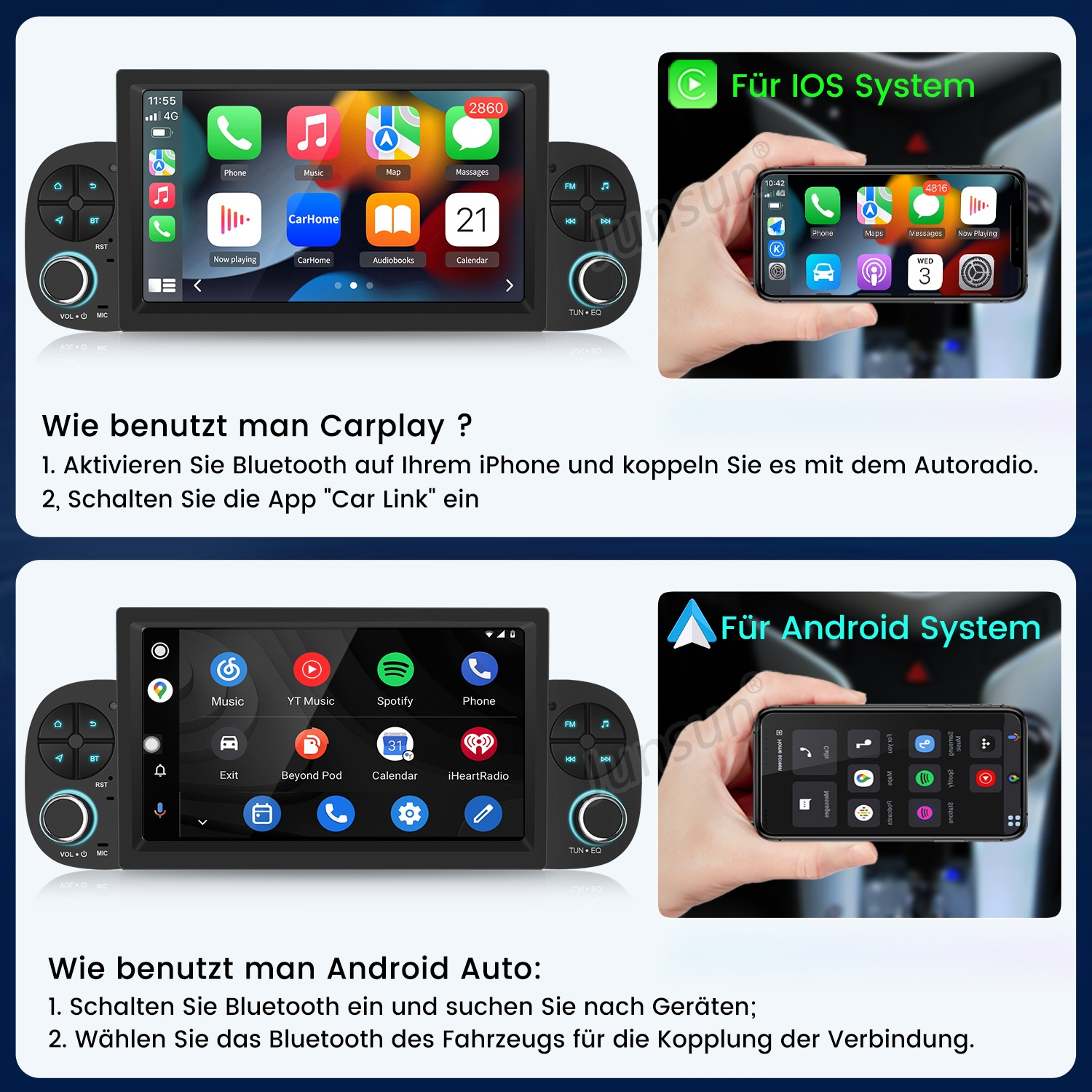 Anleitung zur Verwendung von Carplay und Android Auto mit einem Autoradio und Smartphones.