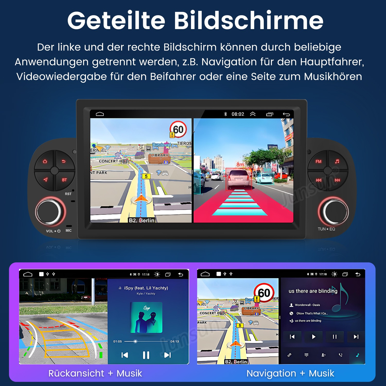 Geteilter Autobildschirm mit Navigation, Musik und Kamera.