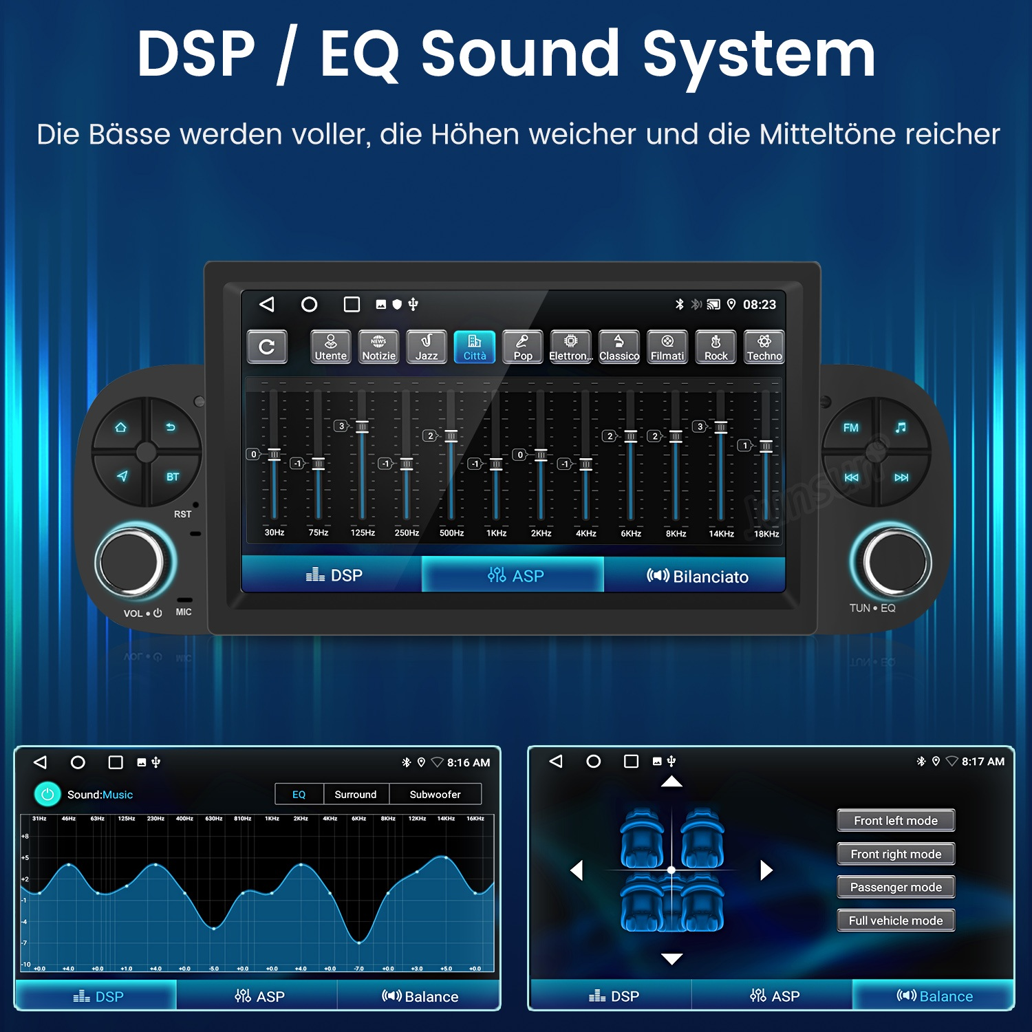 Ein Car-Audio-System mit DSP-Equalizer und Sound-Einstellungen auf blauem Hintergrund.