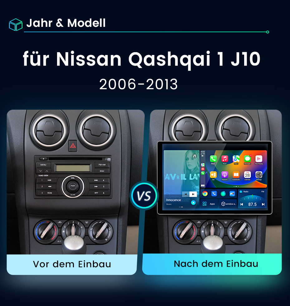 Vergleich für Nissan Qashqai 1 J10 (2006-2013): Vor und nach dem Einbau eines neuen Infotainmentsystems.