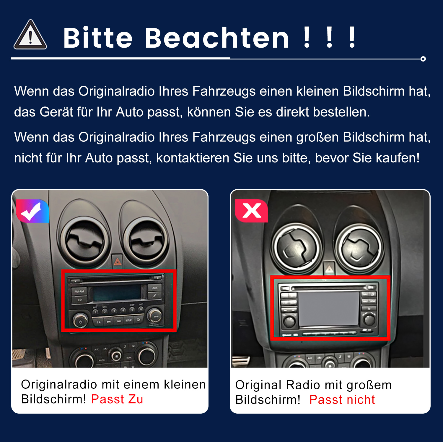 Hinweis zum Autoradio: Kleiner Bildschirm passt, großer Bildschirm passt nicht. Bitte vor Kauf vergleichen.